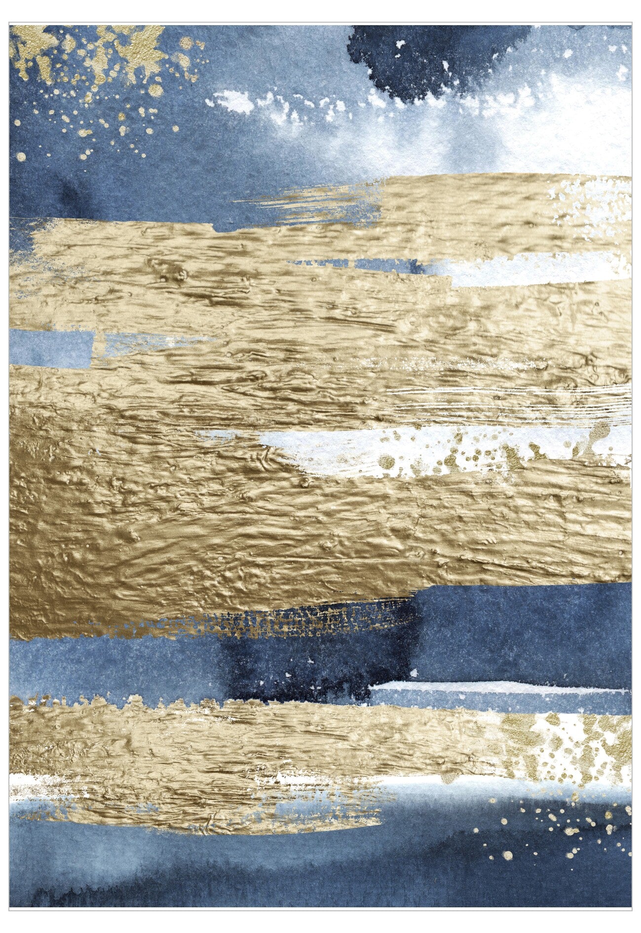 Abstract art print with gold and blue brush strokes on a white background