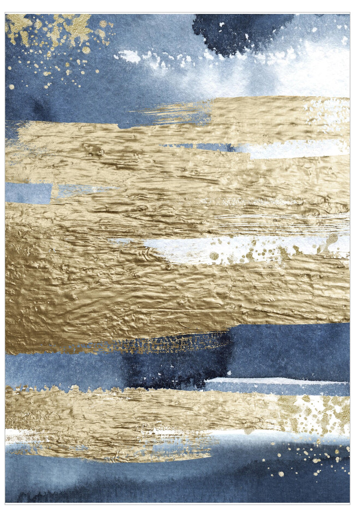 Abstract art print with gold and blue brush strokes on a white background