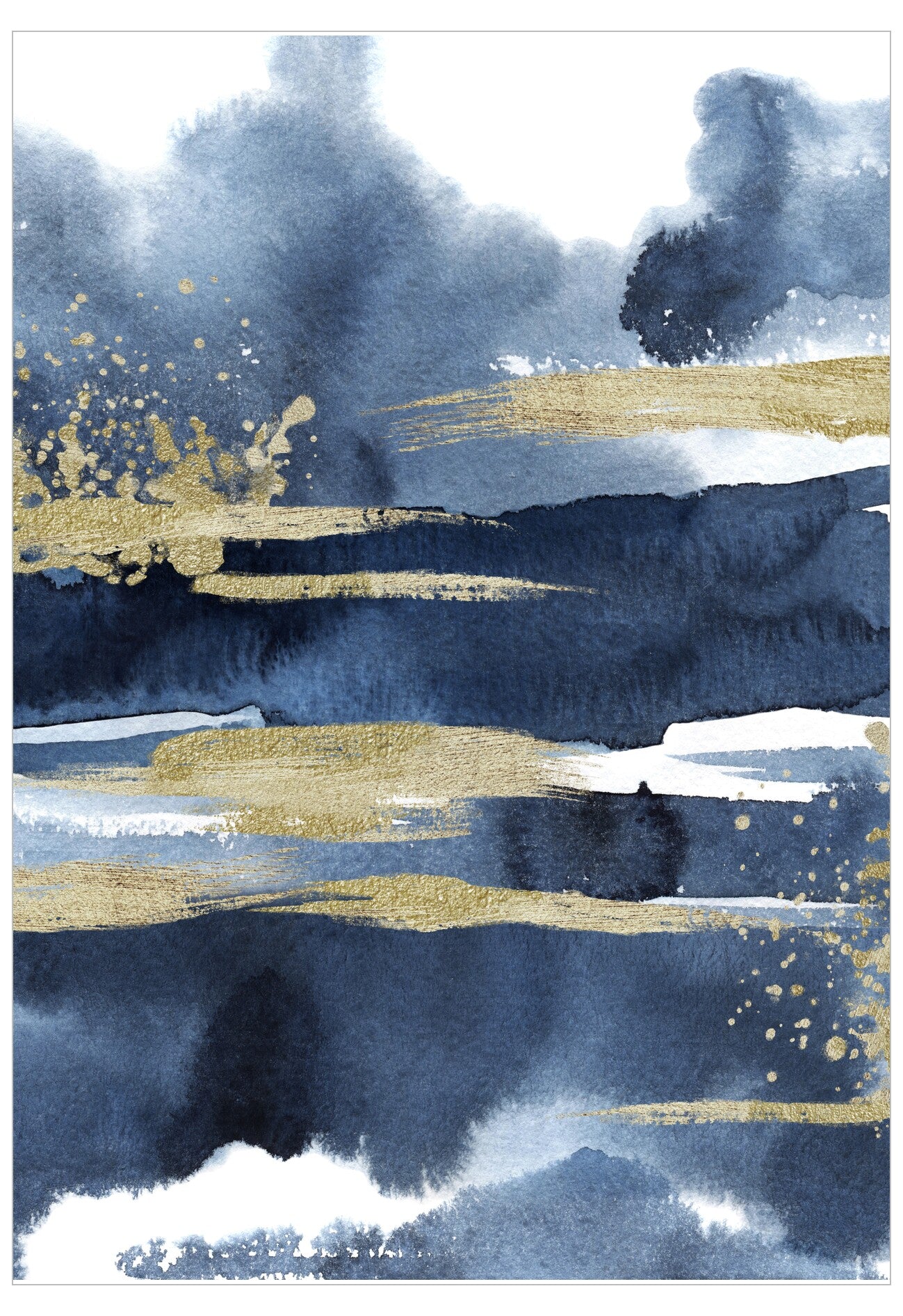 Abstract art piece with blue, gold, and white brush strokes on a white background