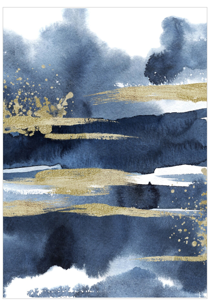 Abstract art piece with blue, gold, and white brush strokes on a white background