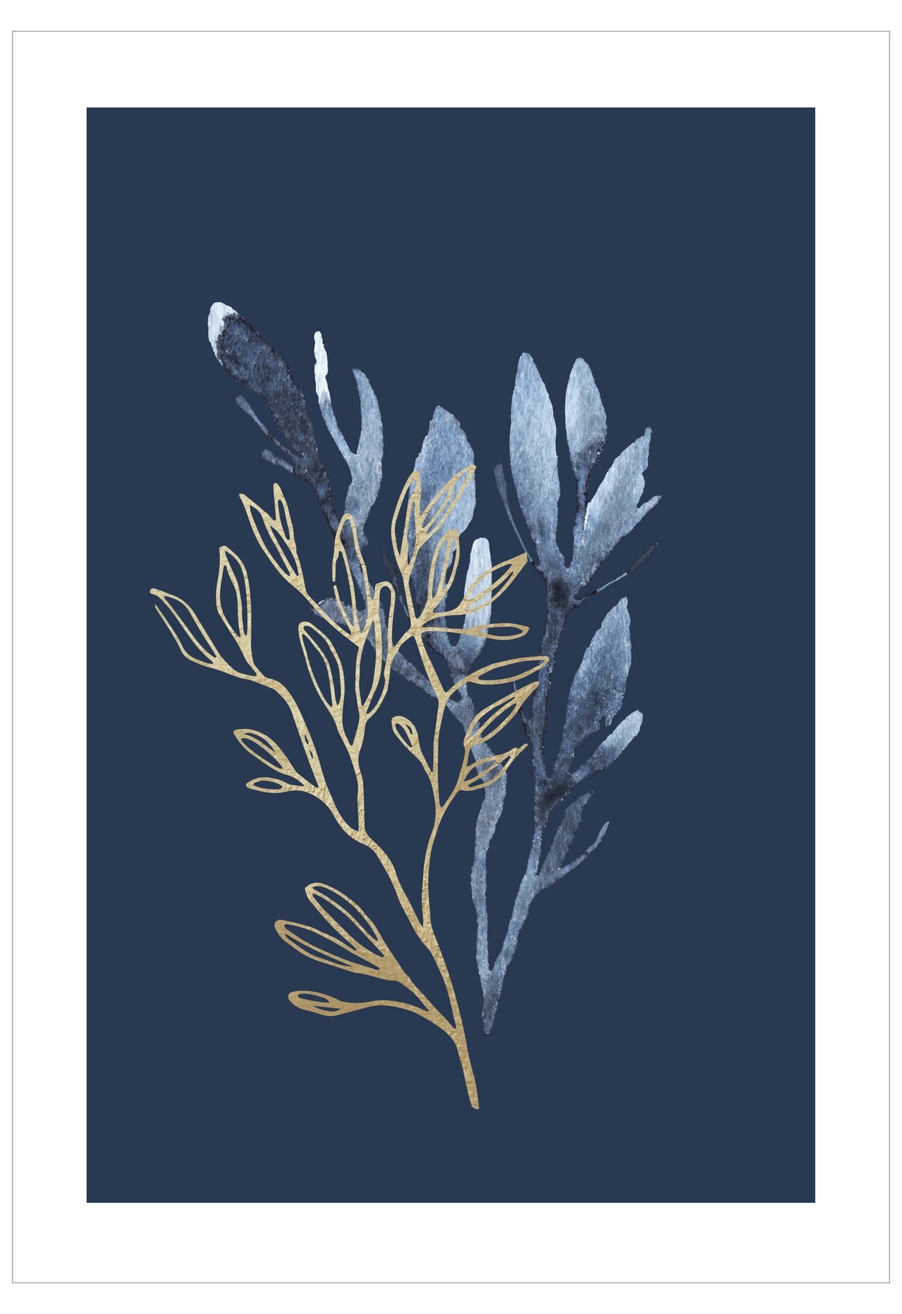 Decorative design of leaves and branches on a dark blue background
