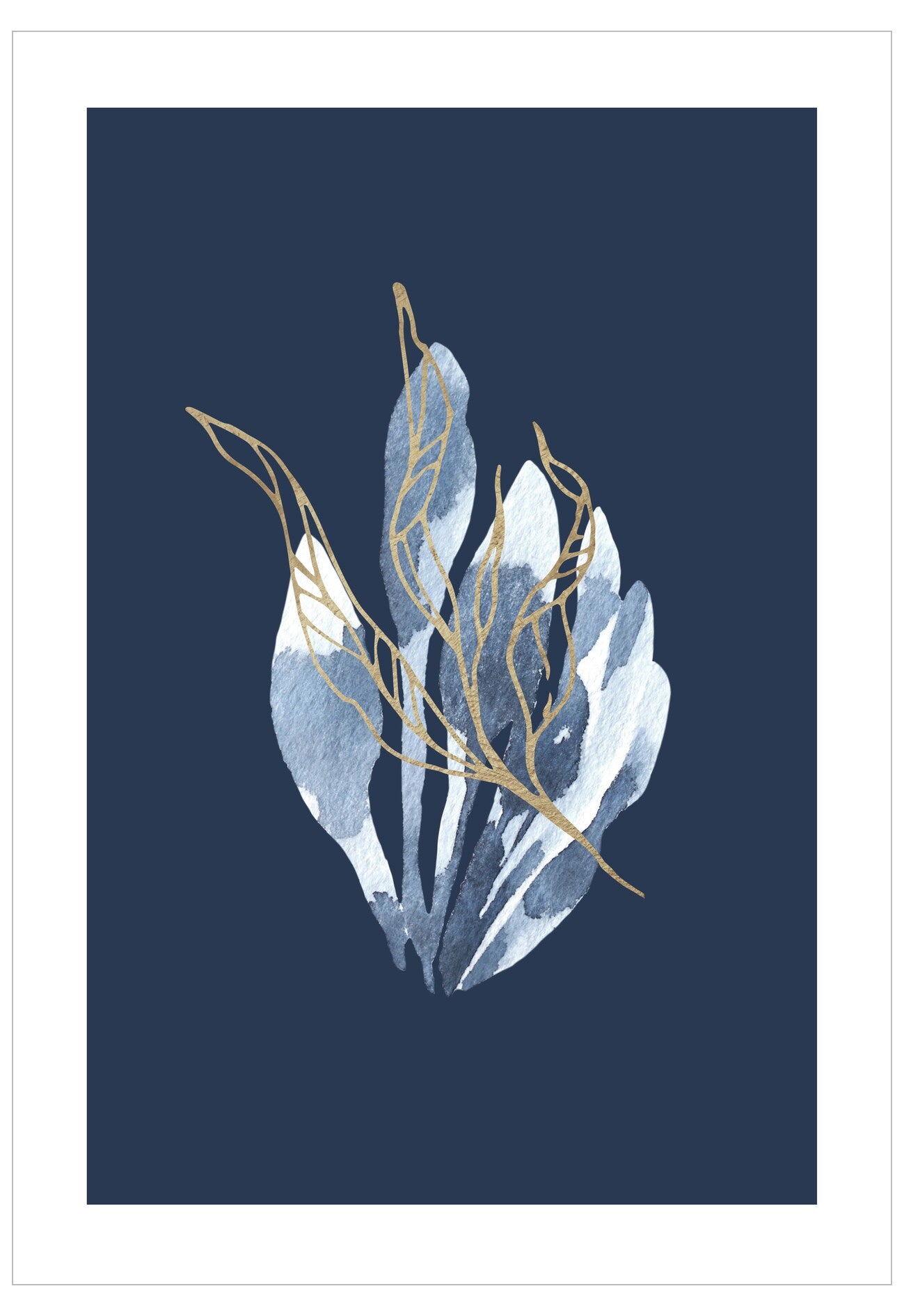 Art print with blue and gold leaf design on a dark blue background