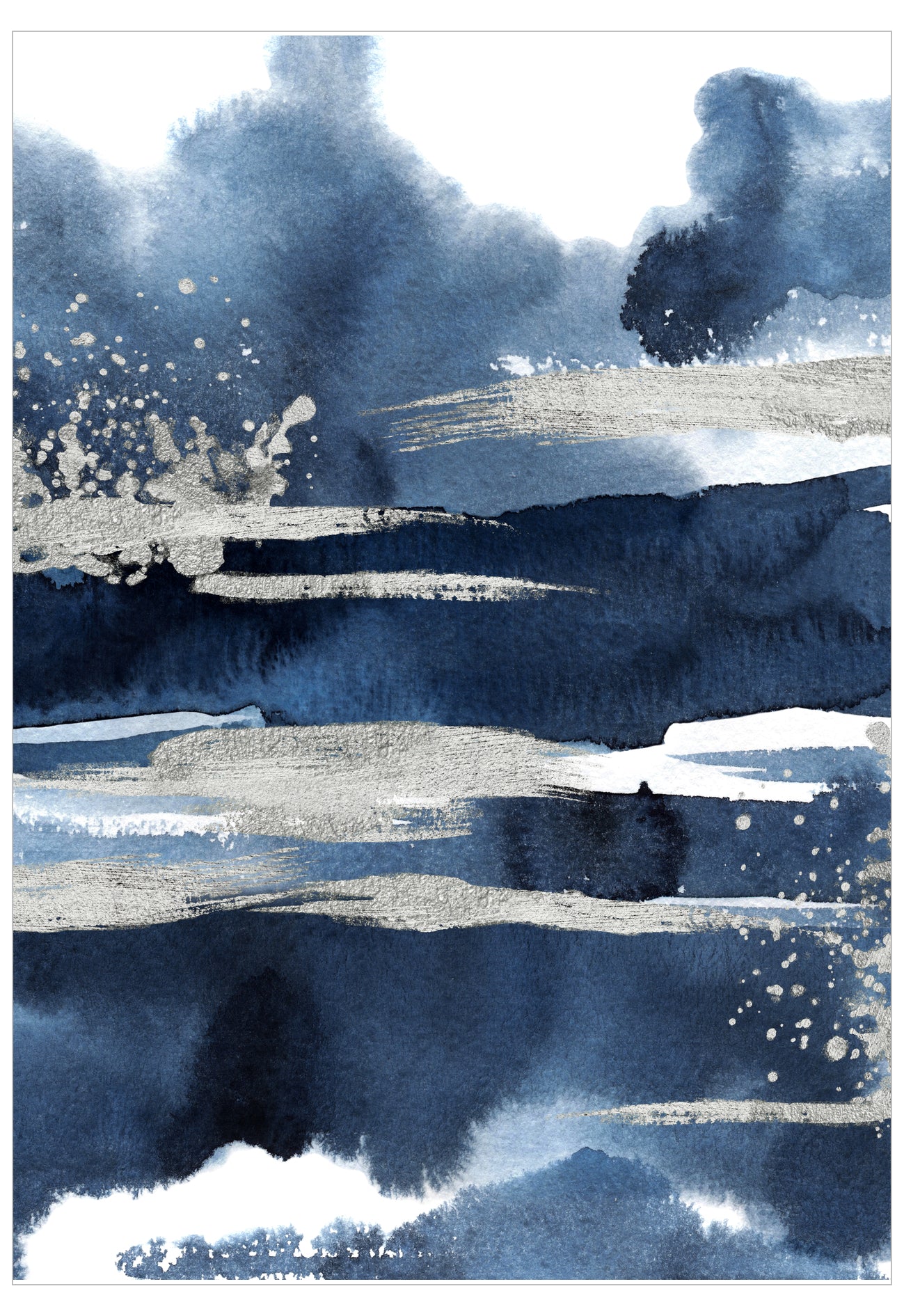 Abstract art piece with blue and gray brush strokes on a white background