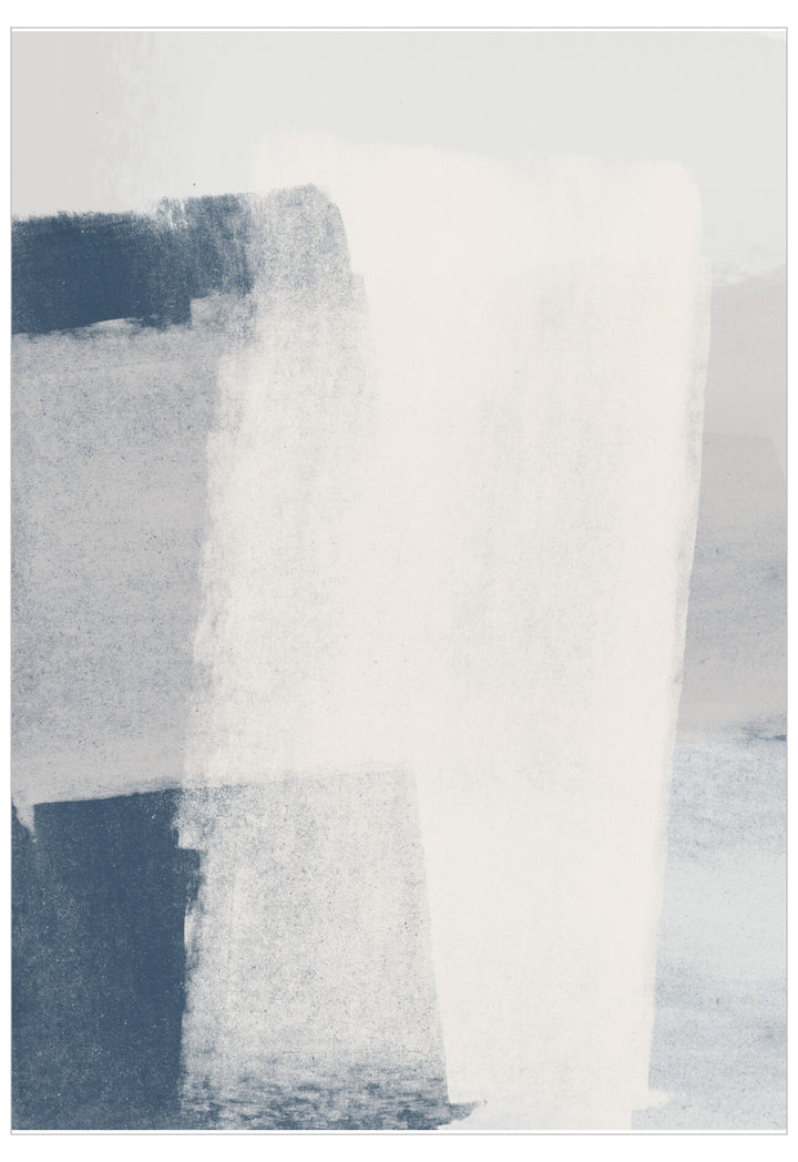 Abstract art piece with horizontal brush strokes in blue and white on a light gray background