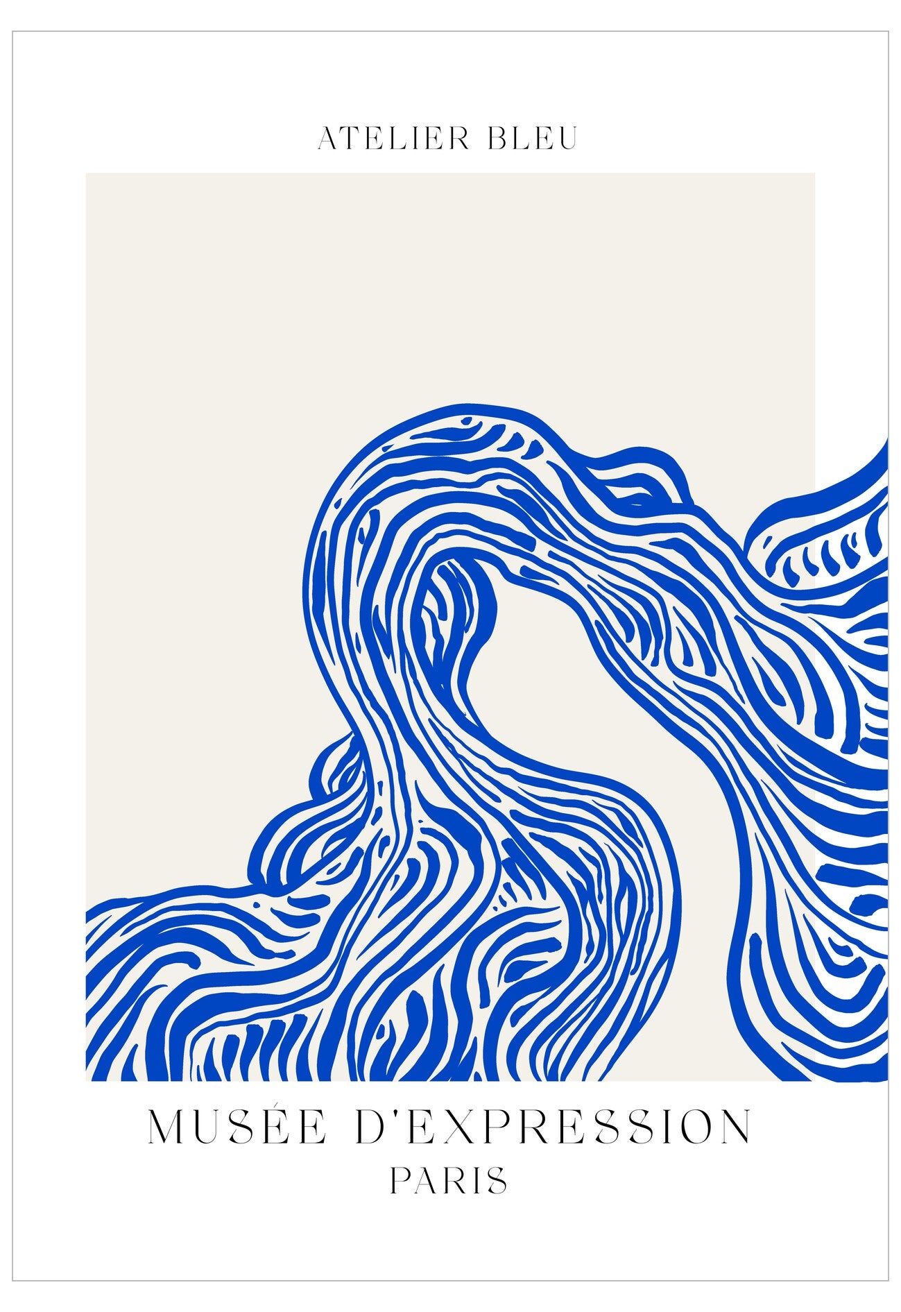 Blue abstract design on a white background with 'Atelier Bleu' branding.