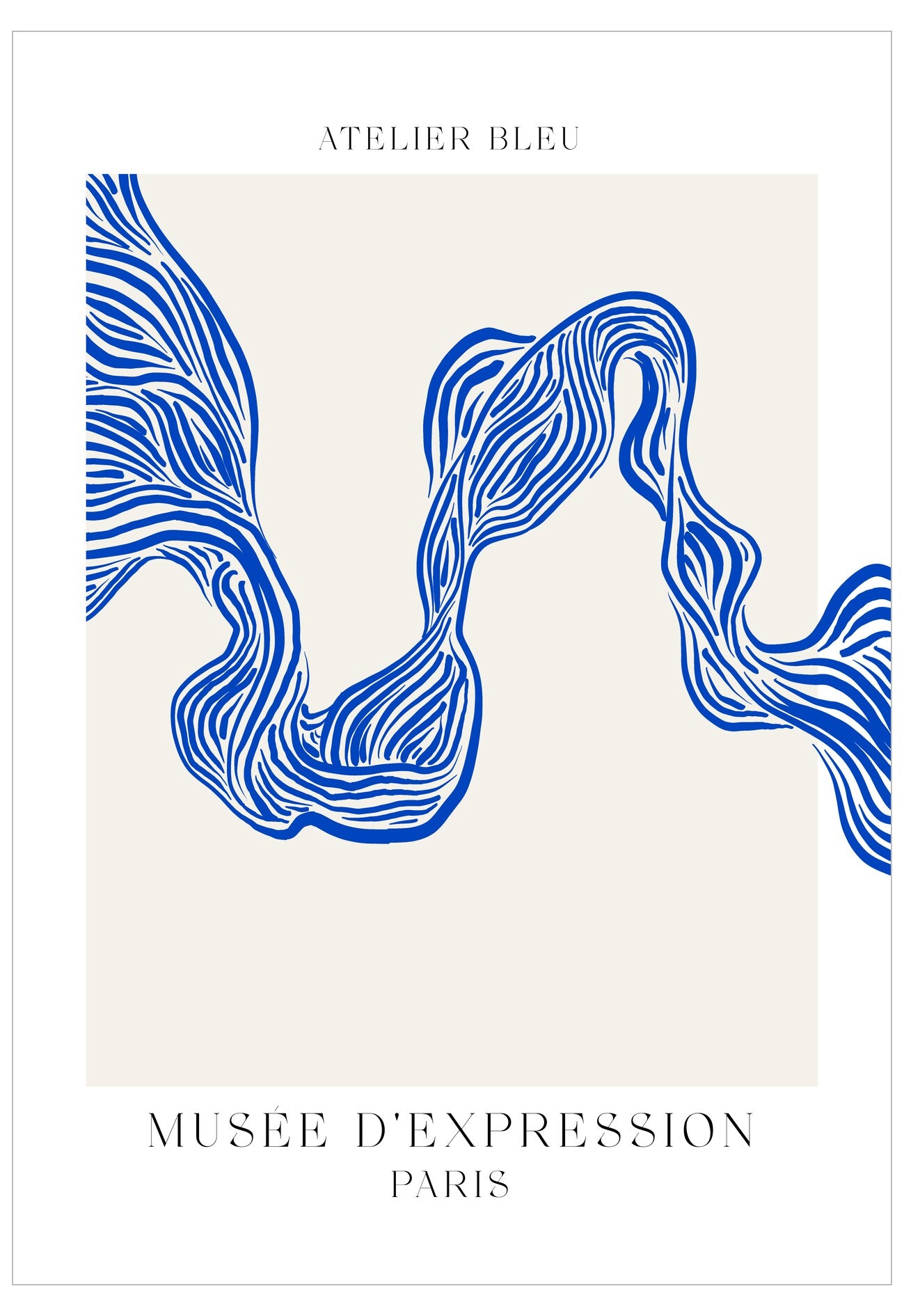 Poster with blue abstract designs on a white background, featuring 'Atelier Bleu' and 'Museée d'Expression Paris'.