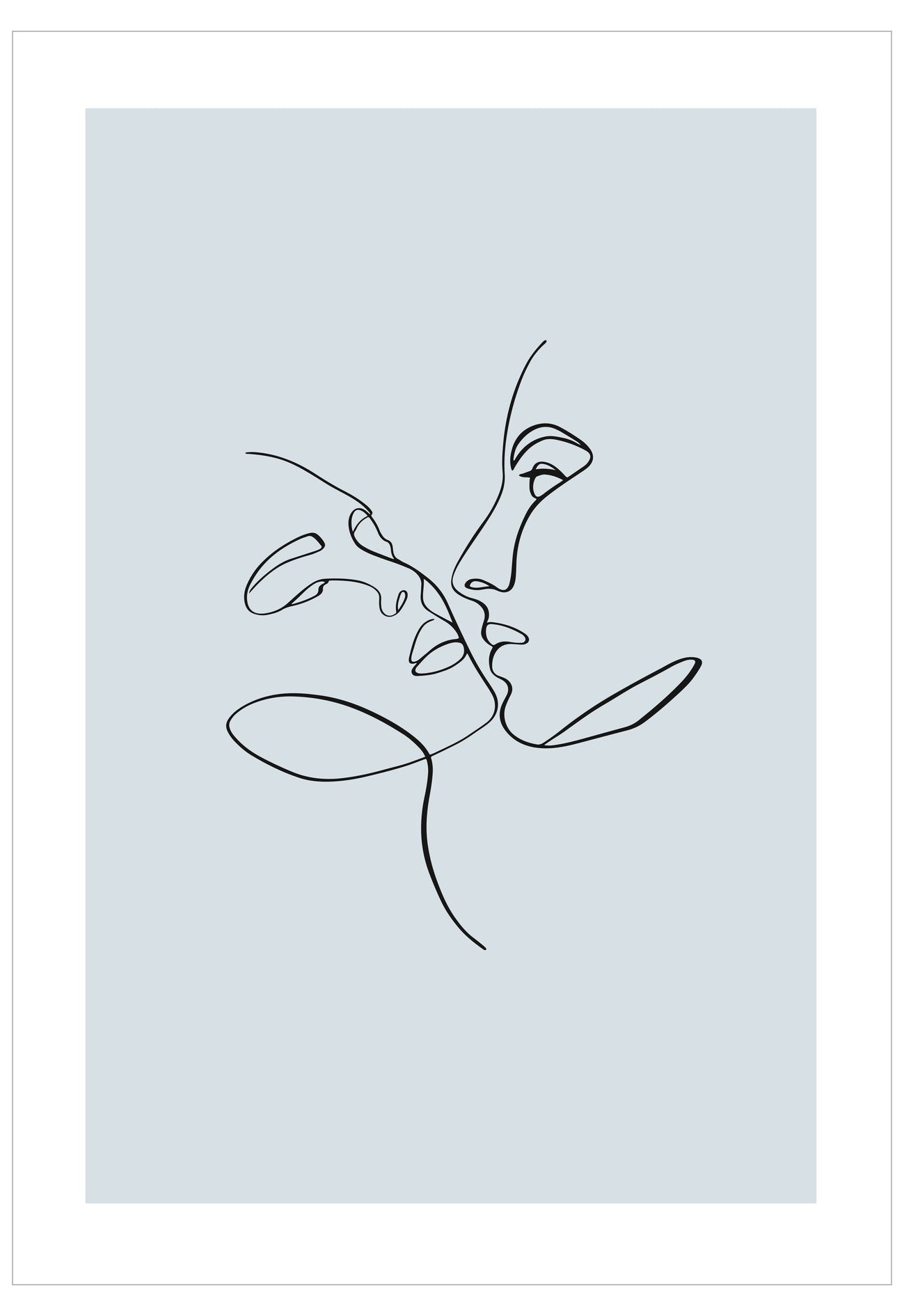 Abstract line art of two faces on a light blue background