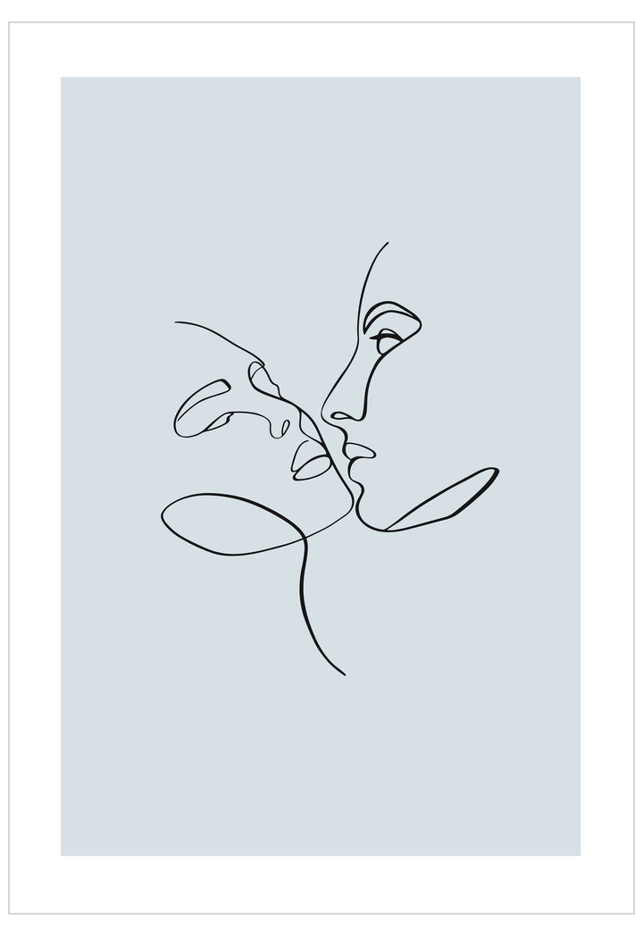 Abstract line art of two faces on a light blue background