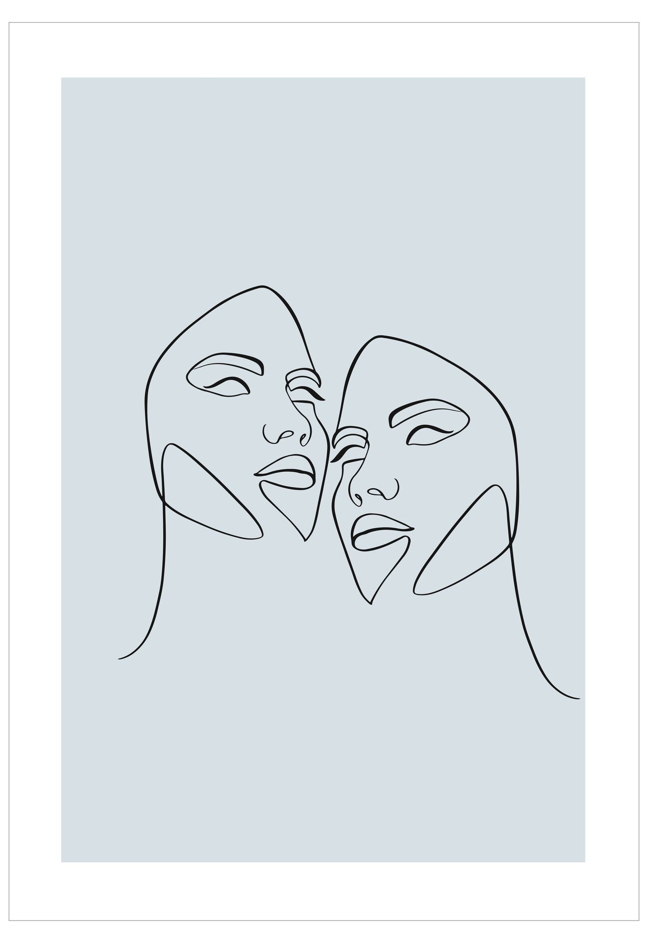 Two abstract line drawings of faces on a light blue background