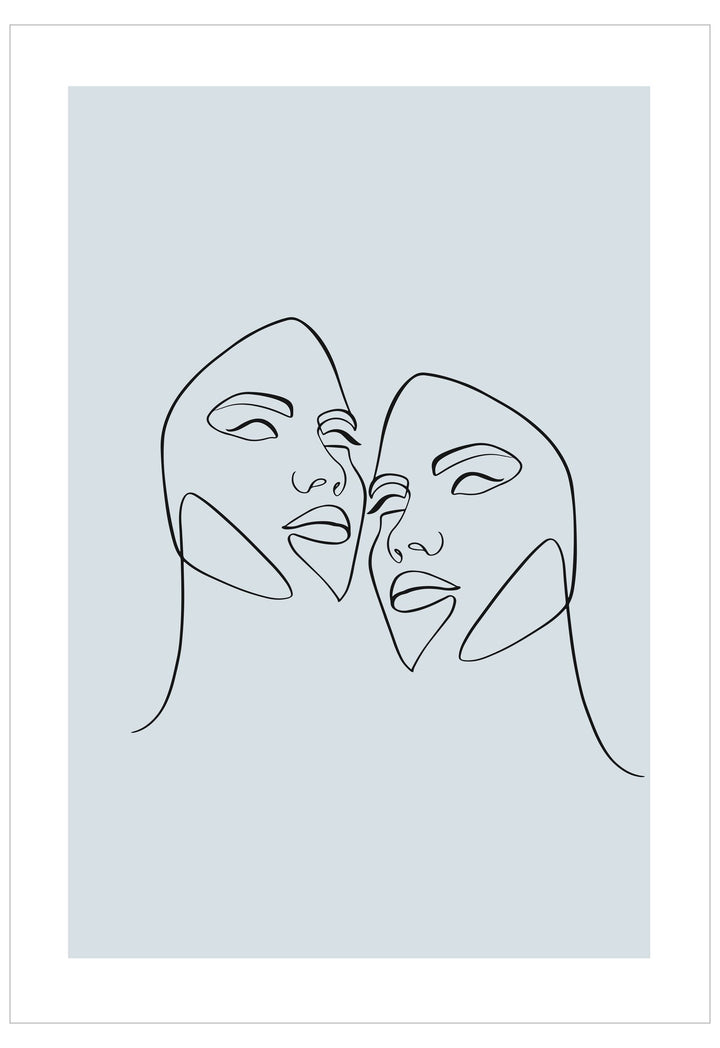 Two abstract line drawings of faces on a light blue background
