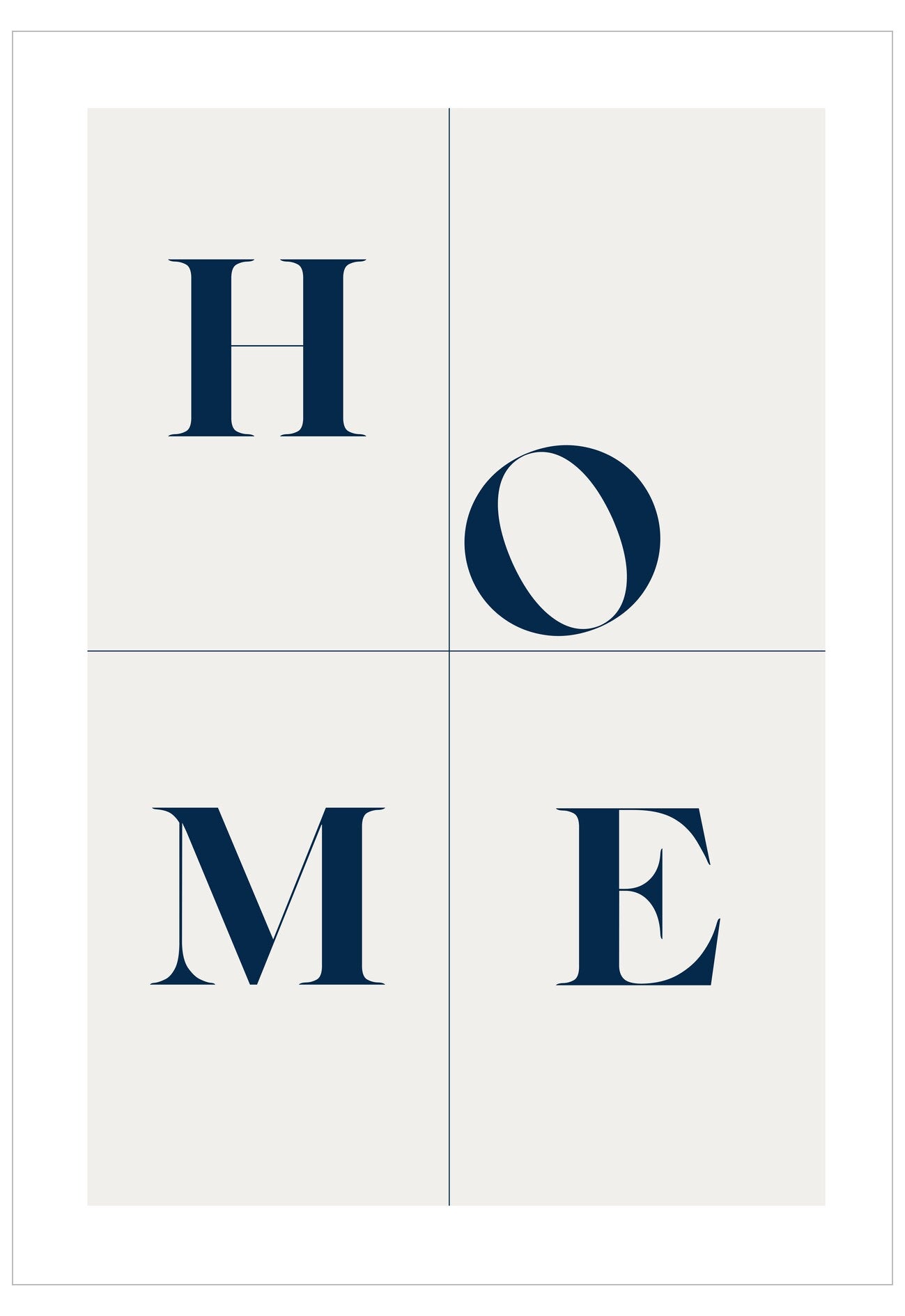 Four square tiles with the word 'HOME' in blue letters on a white background