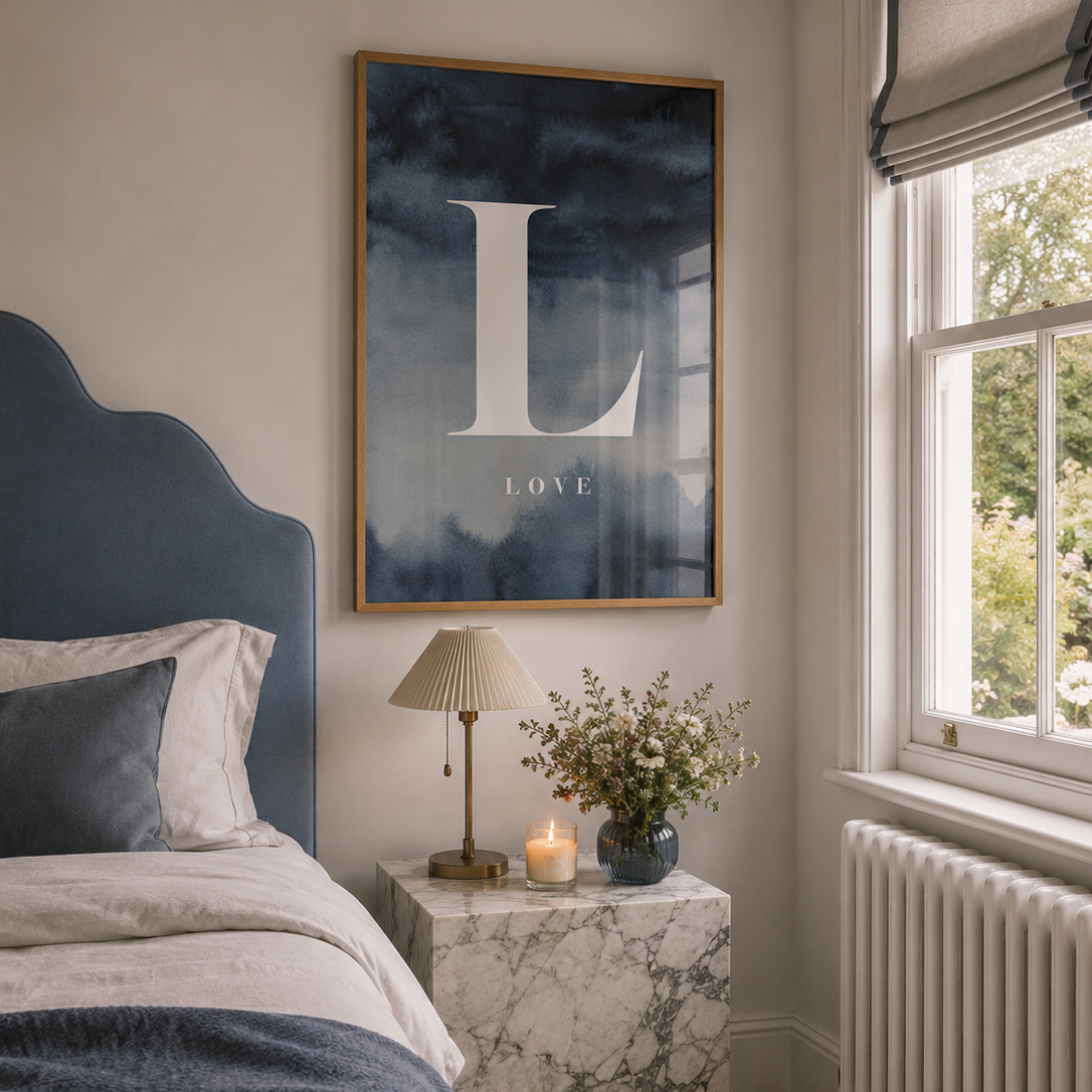Blue Typography Love poster in traditional country bedroom