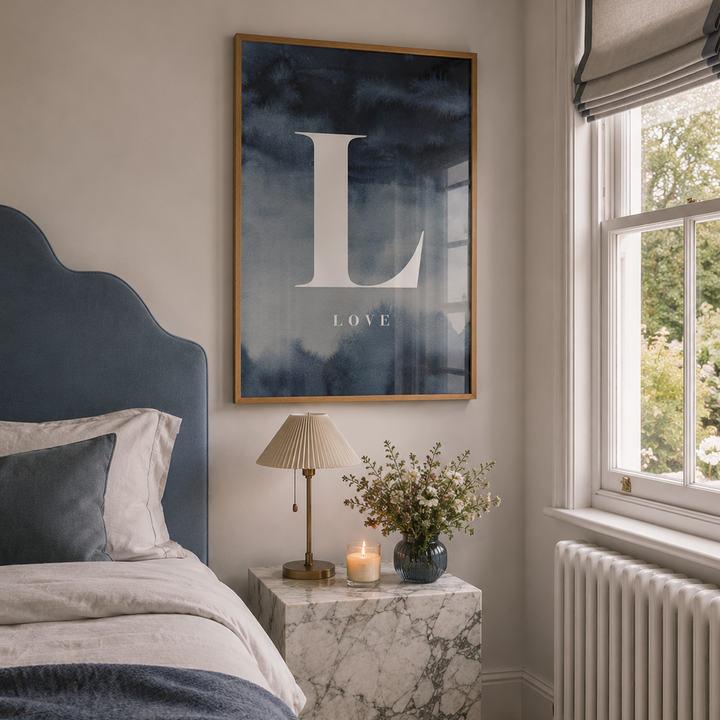 Blue Typography Love poster in traditional country bedroom