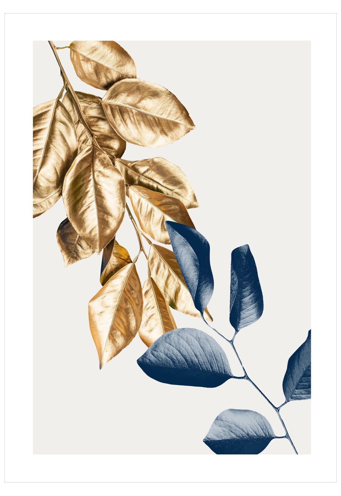Decorative print with gold and blue leaves on a white background