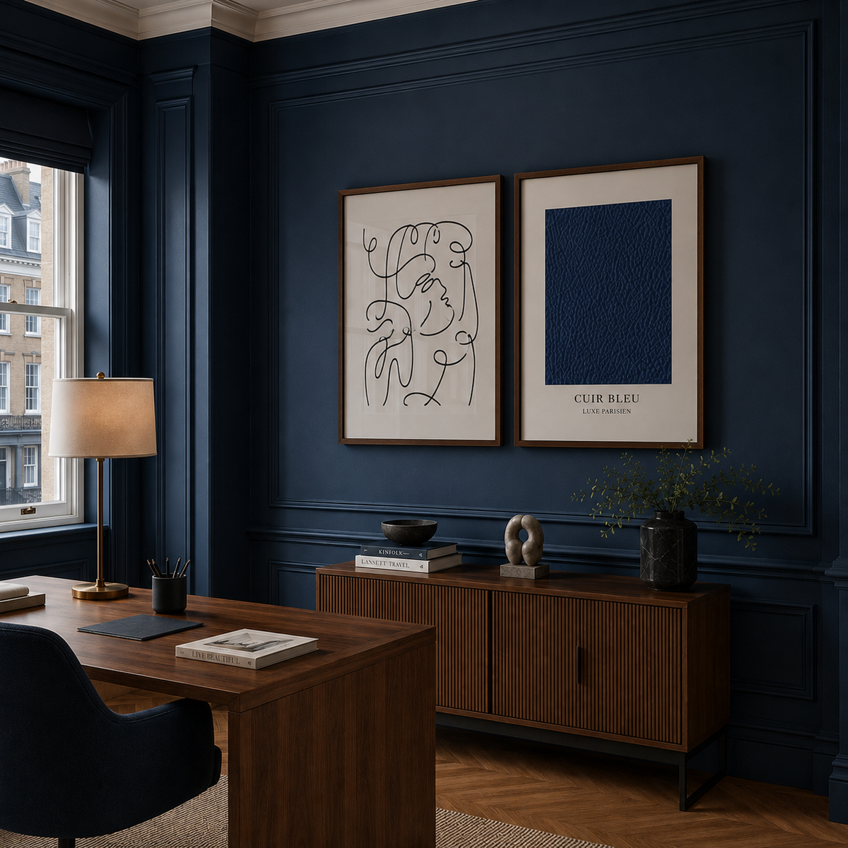 Modern office interior with dark blue walls, wooden furniture, and framed artwork.