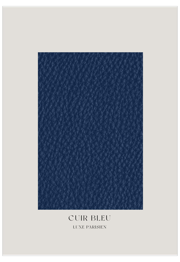 Navy blue leather texture swatch with 'Cuir Bleu' and 'Luxe Parisien' text on a light gray background