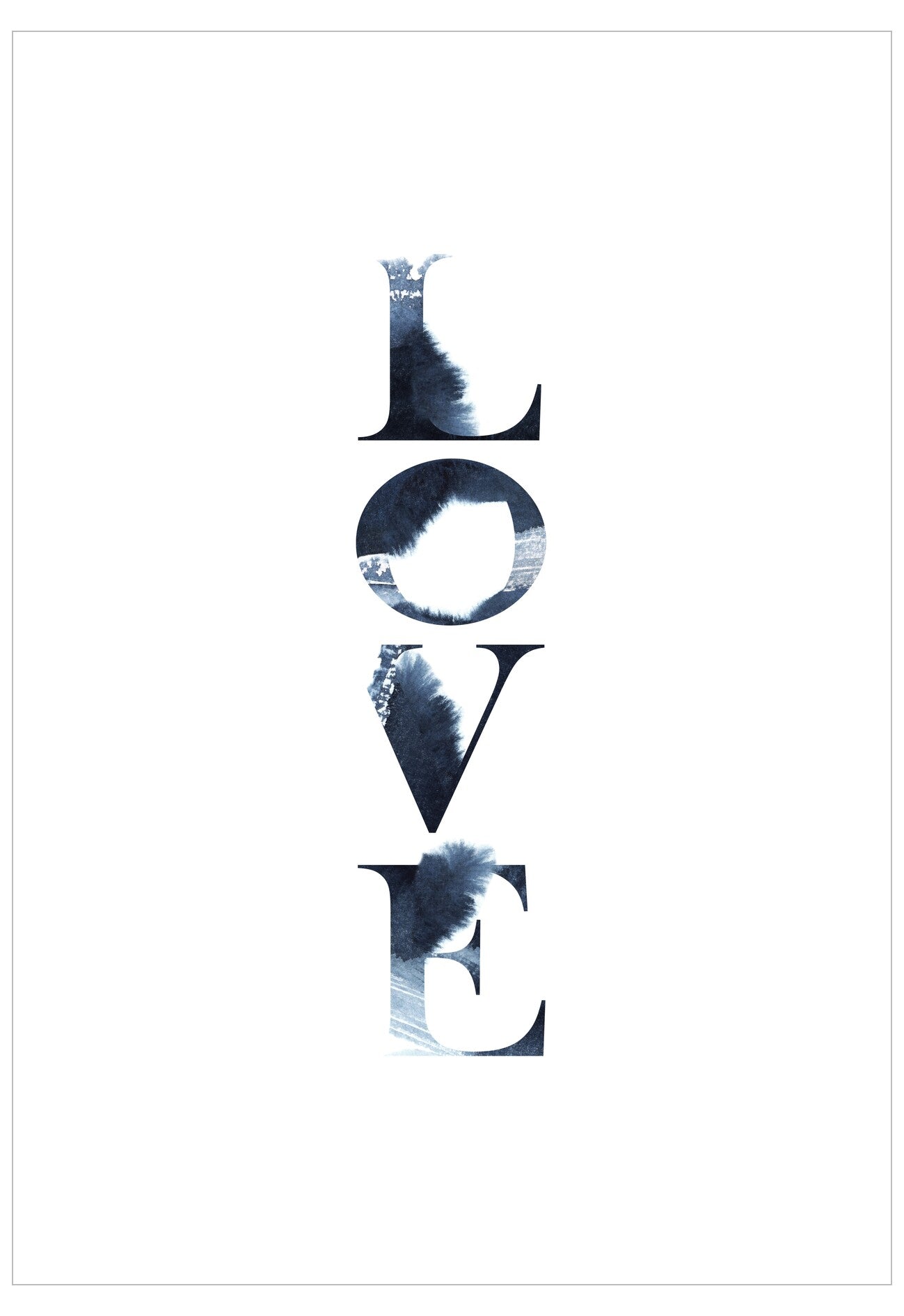 Abstract art with the word 'LOVE' in black and white on a white background
