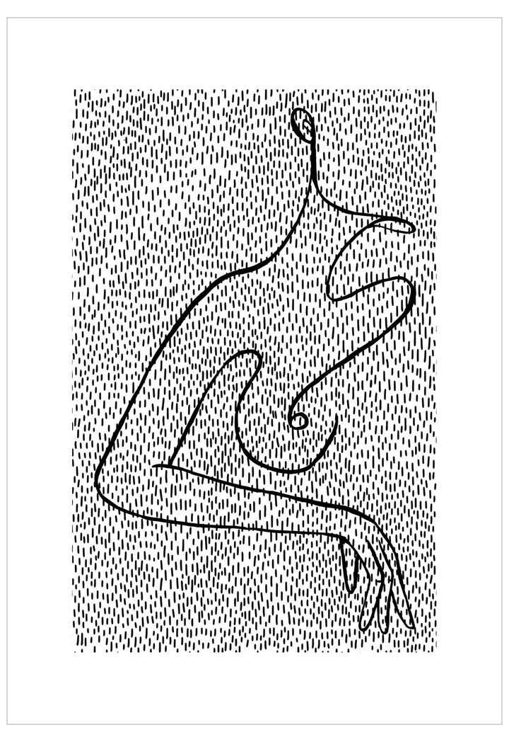 Black line drawing of a person on a textured white background
