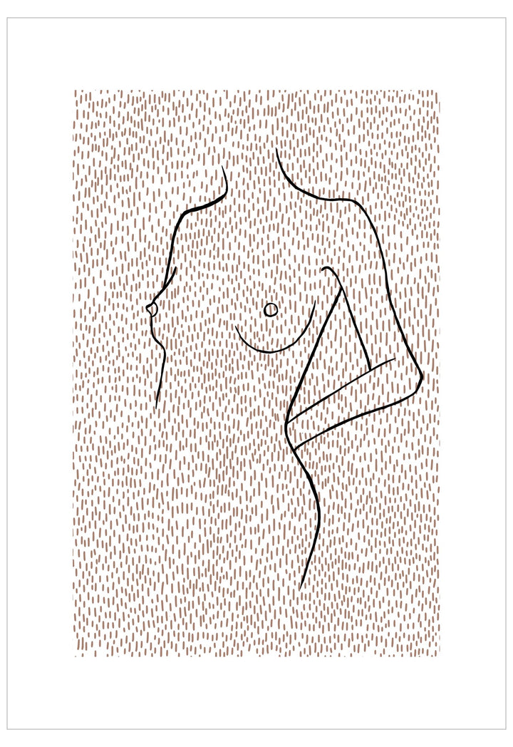 Minimalist line art of a nude figure on a textured patterned background