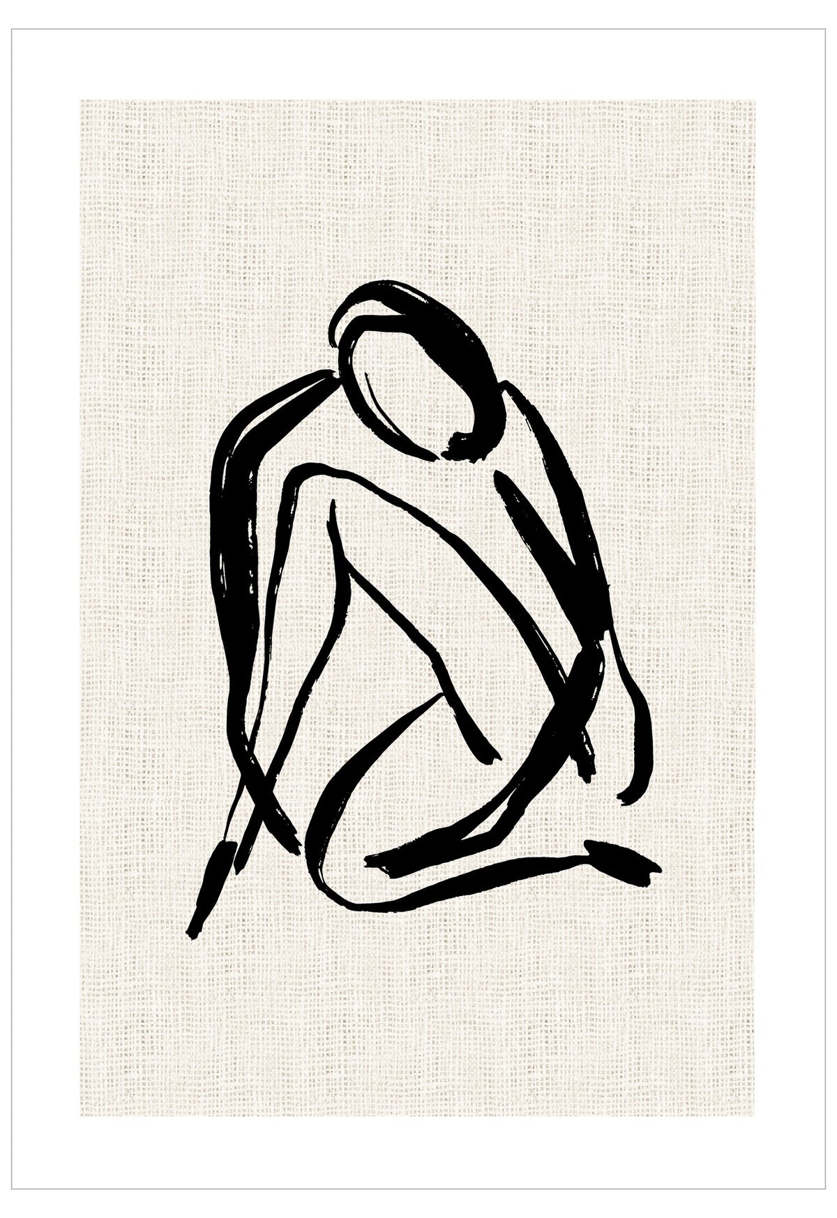 Abstract black line drawing of a person on a textured beige background