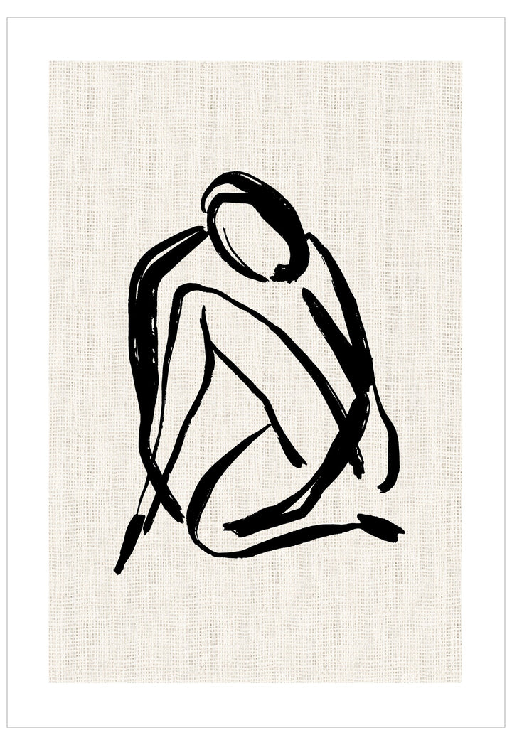 Abstract black line drawing of a person on a textured beige background