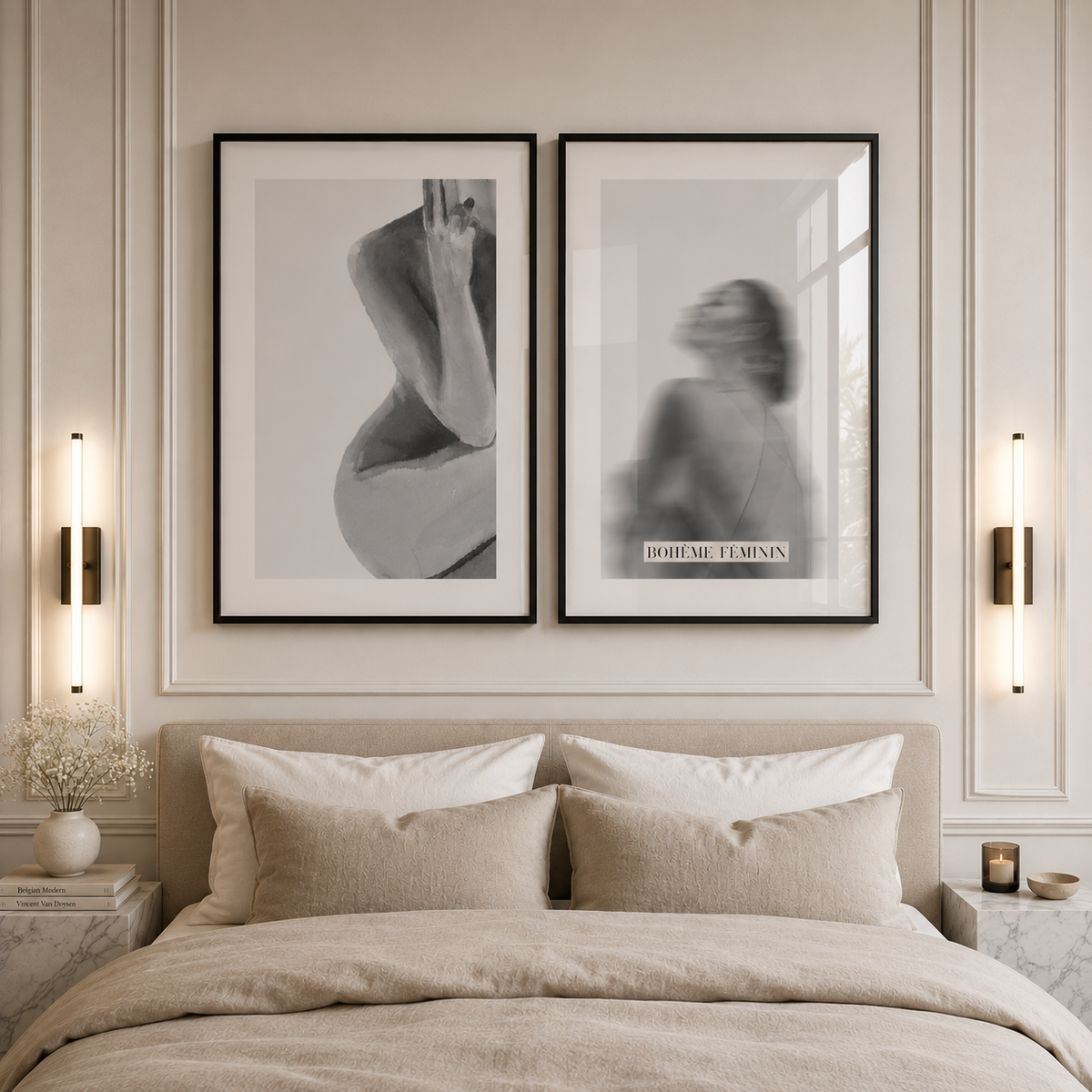 A styled bedroom scene with two framed black-and-white art prints hanging above a bed. The left print shows a cropped figure in a draped garment, and the right print shows a blurred figure with the text 'ROME TEMPLA' at the bottom.