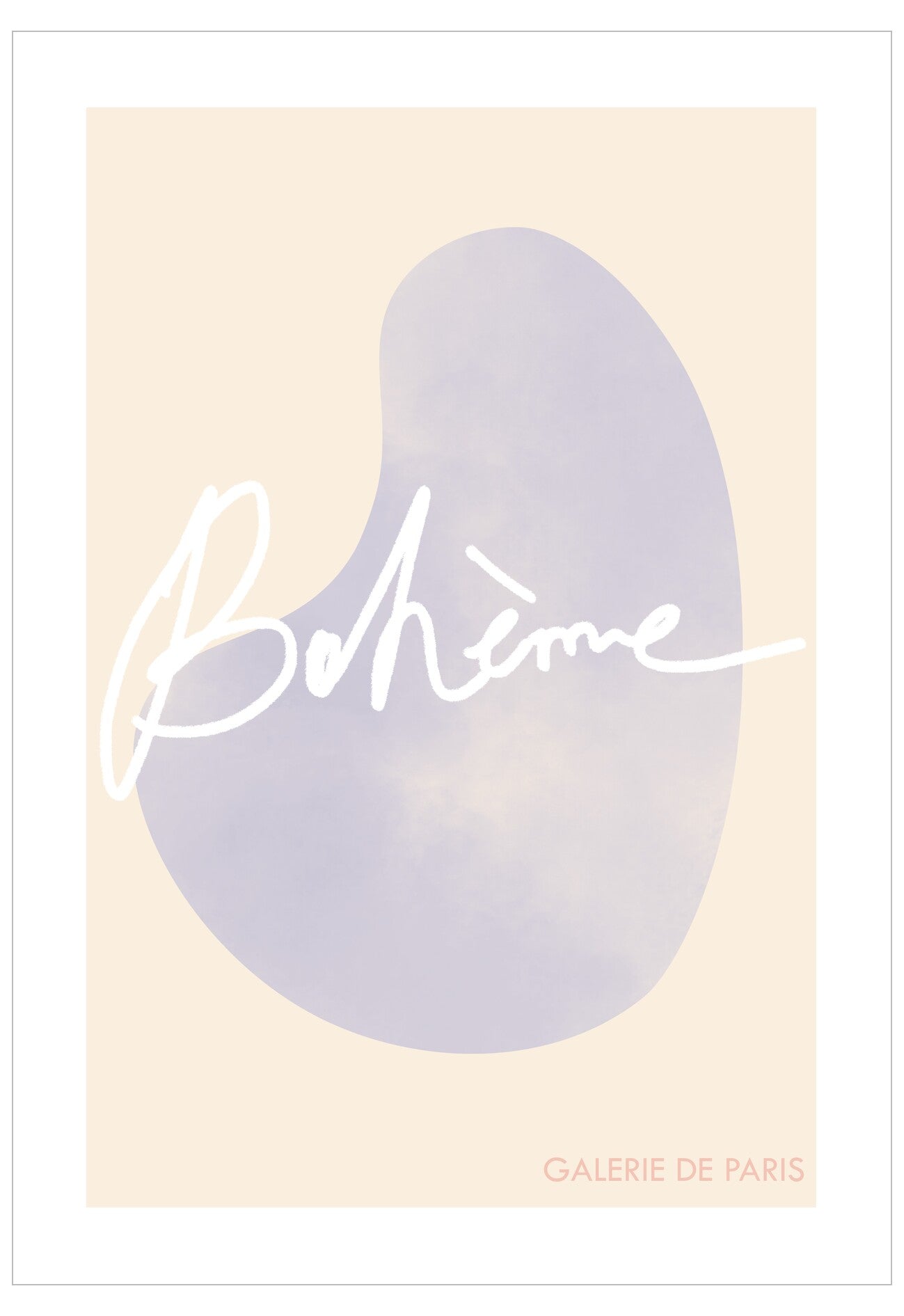 Abstract art print with a purple shape and 'Bohème' text on a beige background, featuring the Galerie de Paris logo.