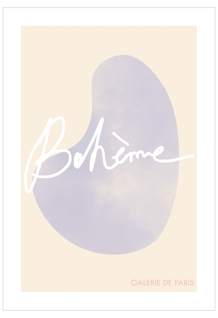 Abstract art print with a purple shape and 'Bohème' text on a beige background, featuring the Galerie de Paris logo.