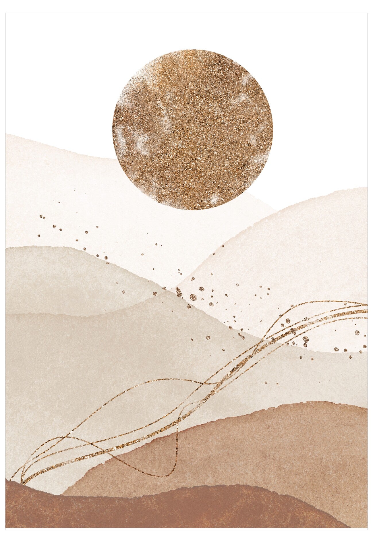 Abstract art with circular shape and wavy lines on a beige background