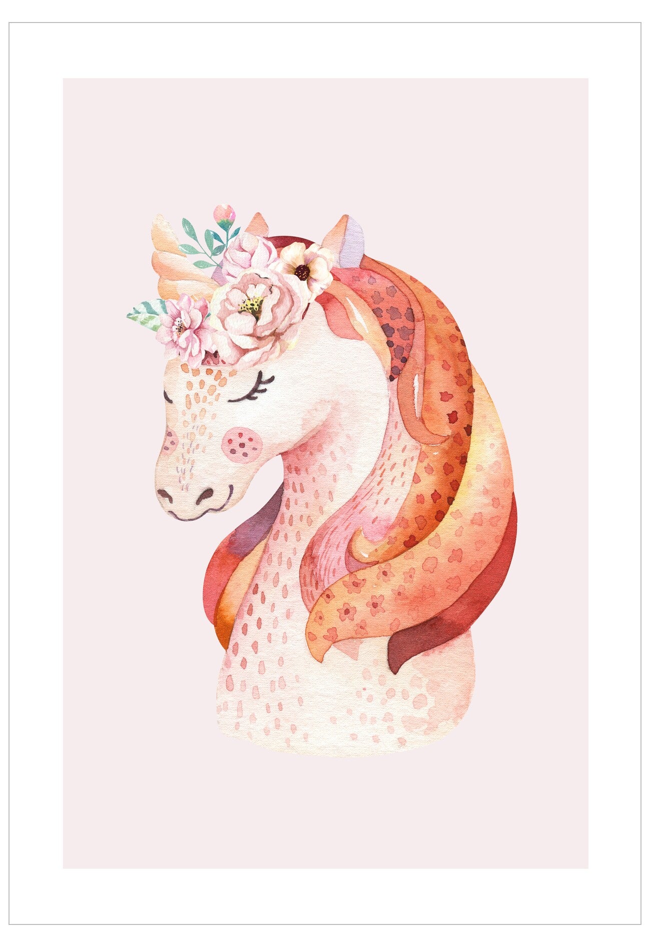 Illustration of a unicorn with a floral headband on a light pink background