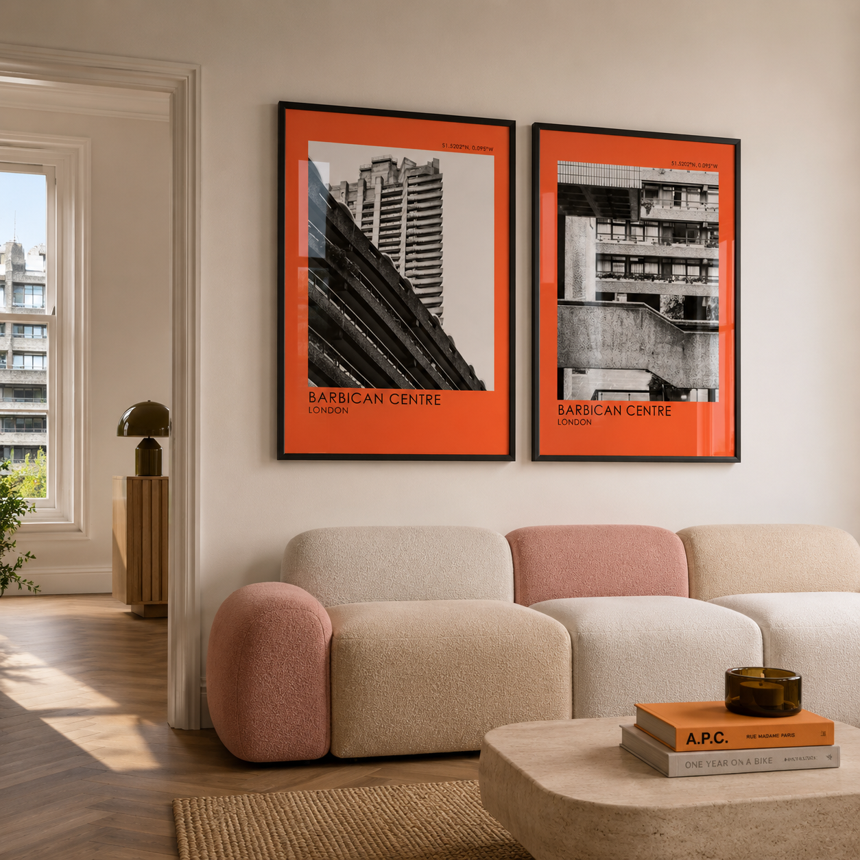 Living room with Barbican Centre London posters on the wall