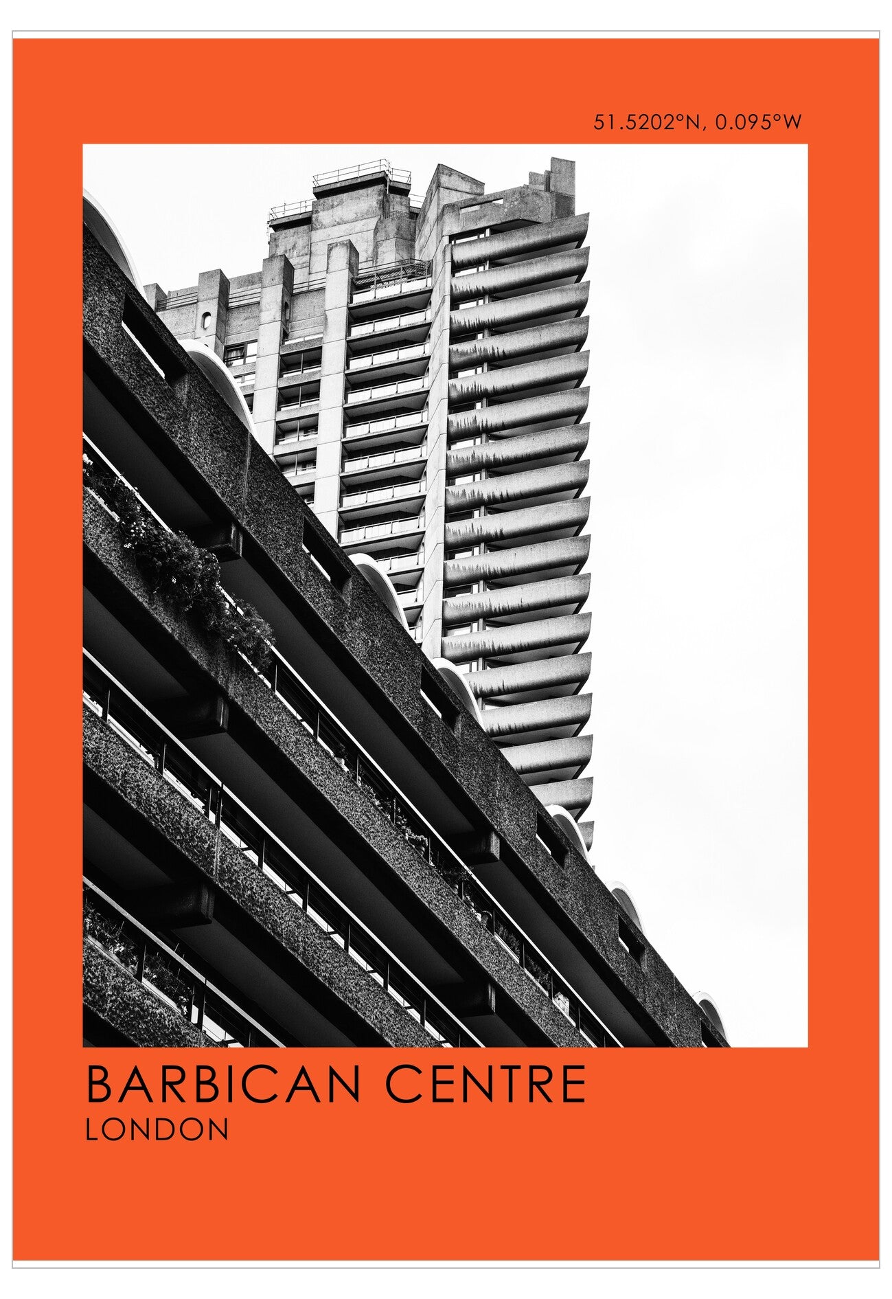 Black and white image of a tall building with an orange border and text at the bottom.