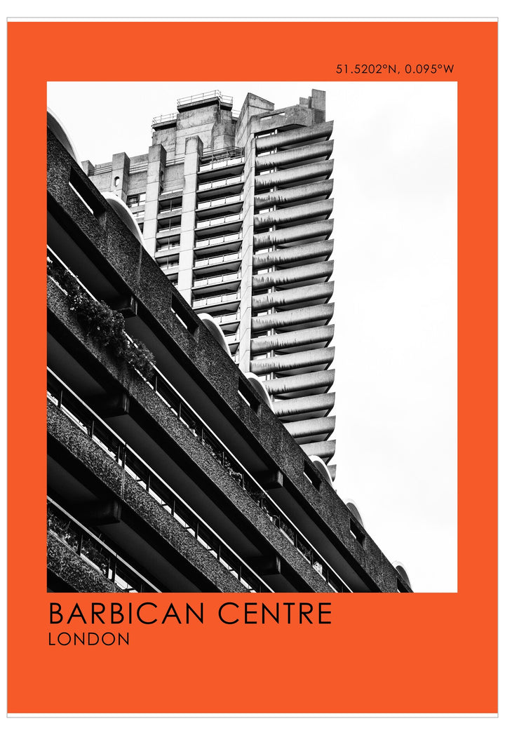 Black and white image of a tall building with an orange border and text at the bottom.