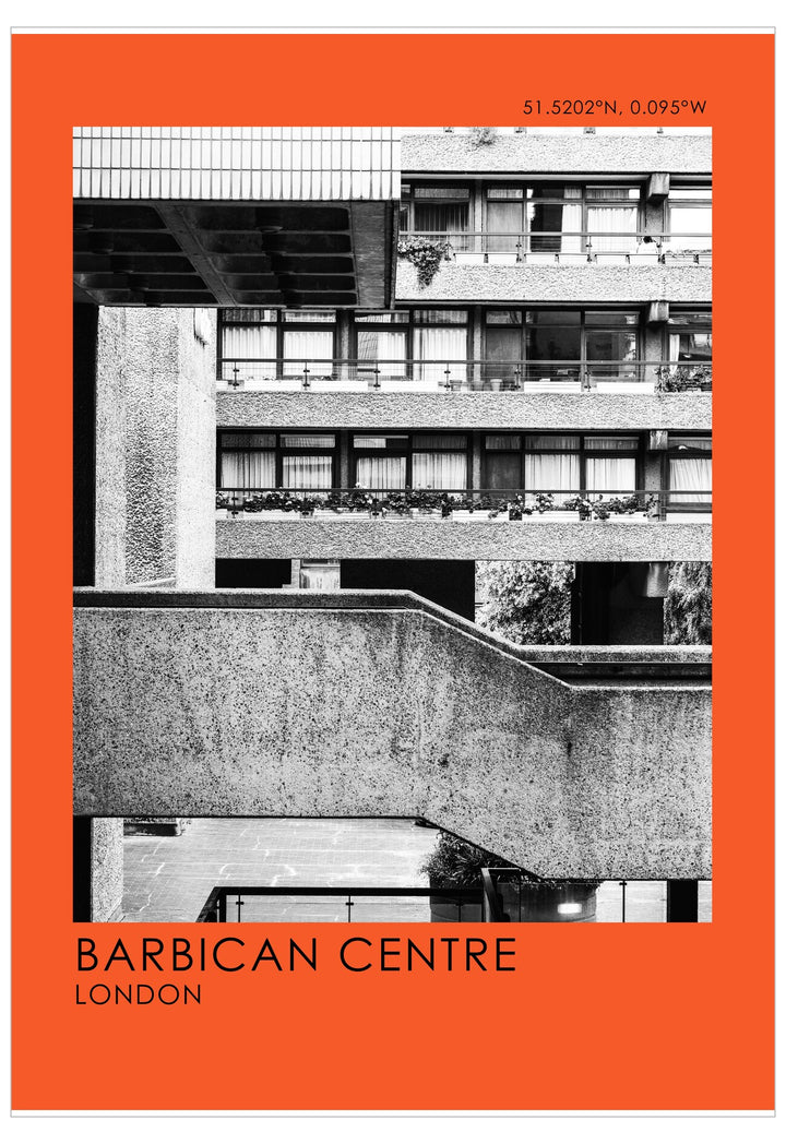 Black and white photo of Barbican Centre with an orange border and text.