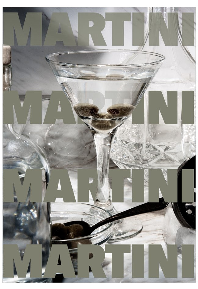 Close-up of a martini glass with olive, surrounded by 'Martin' text.