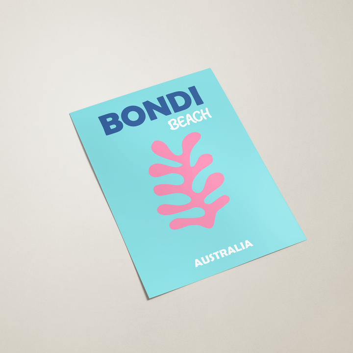 Light blue poster with pink coral design and 'Bondi Beach, Australia' text on a beige background