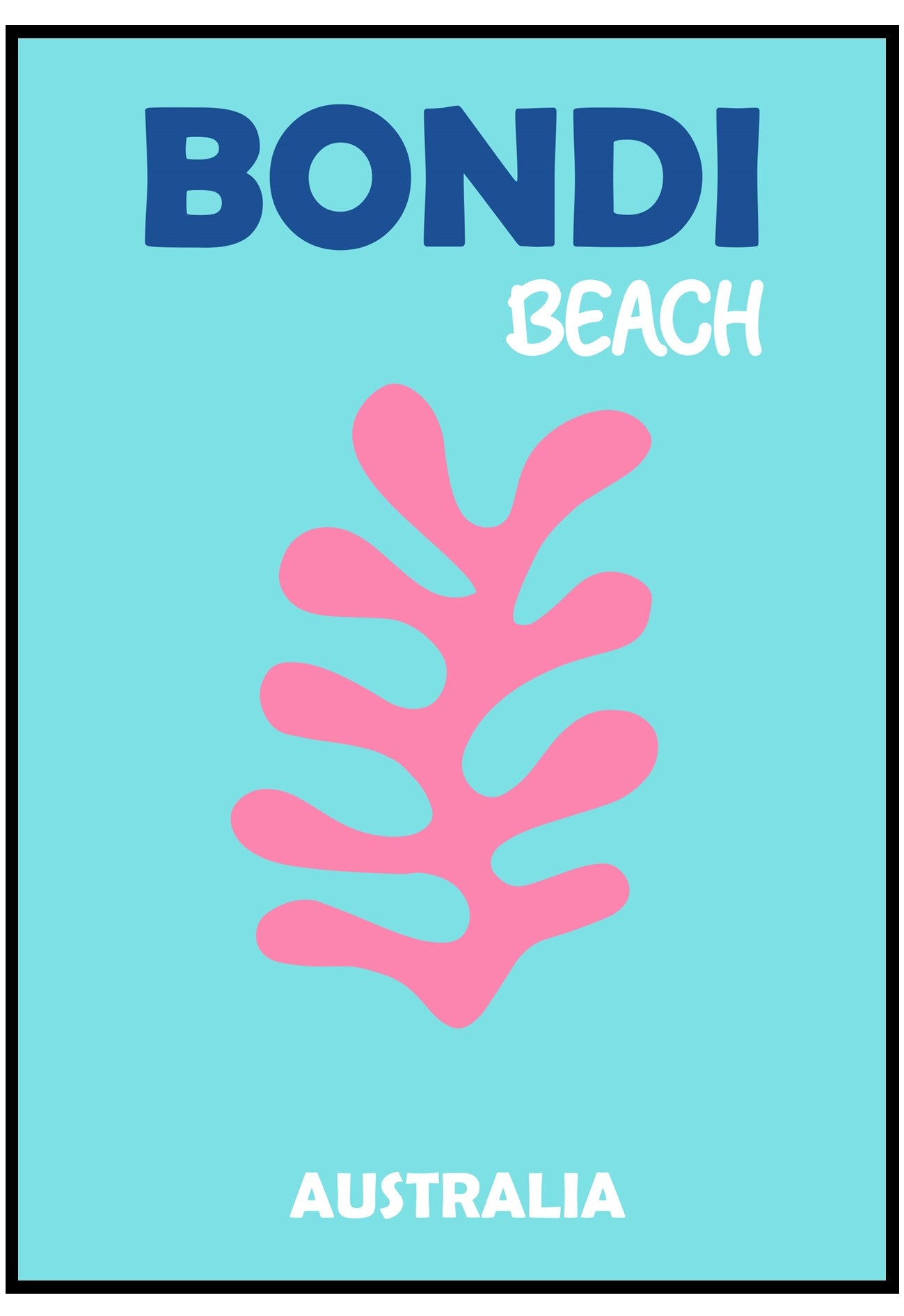 Poster with 'Bondi Beach, Australia' text and pink coral design on a blue background