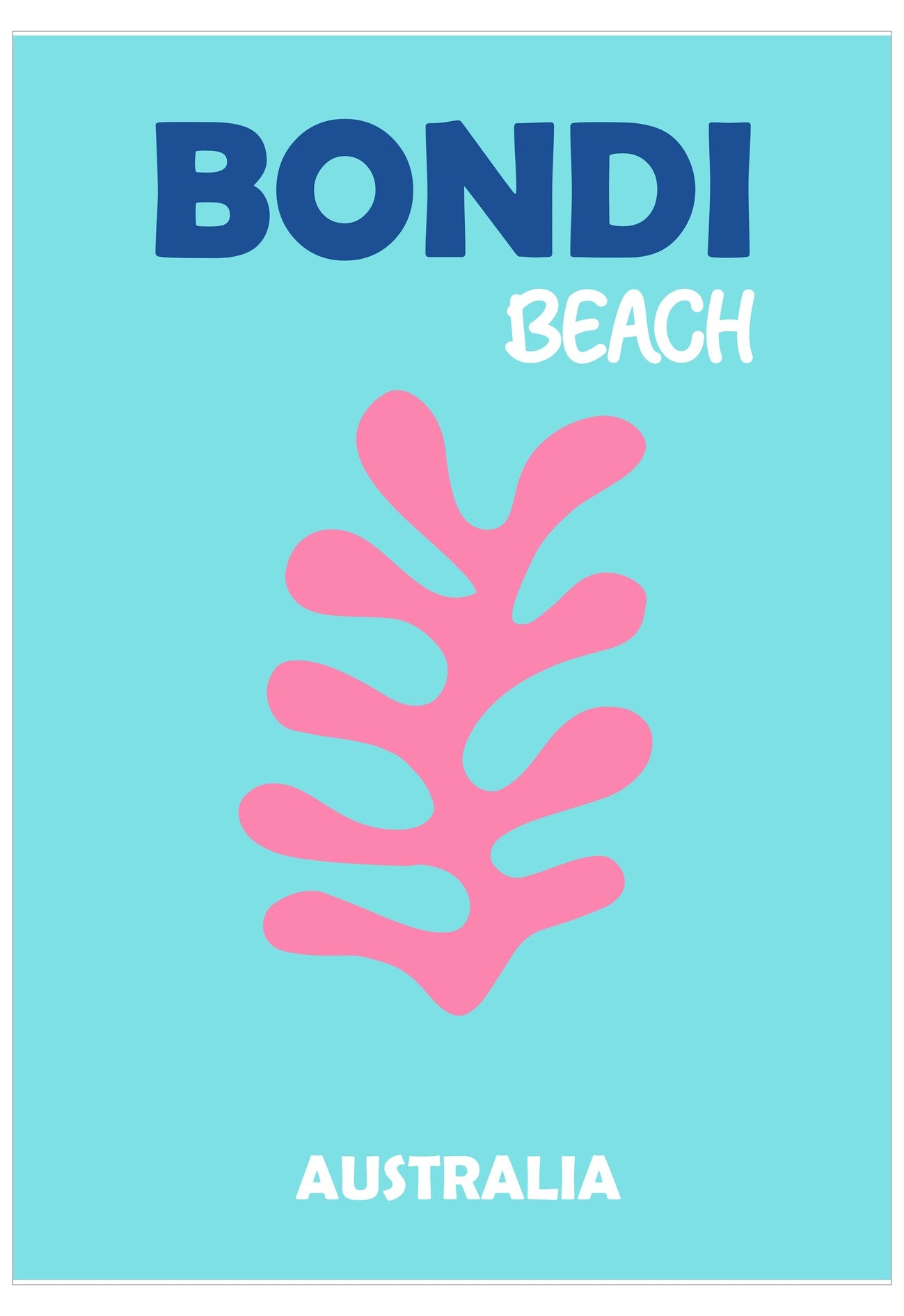 Promotional poster for Bondi Beach, Australia with a pink leaf design on a light blue background.
