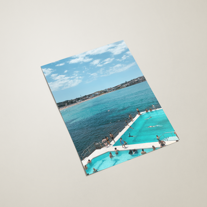 Canvas print of a scenic view with people in a pool, on a light gray background