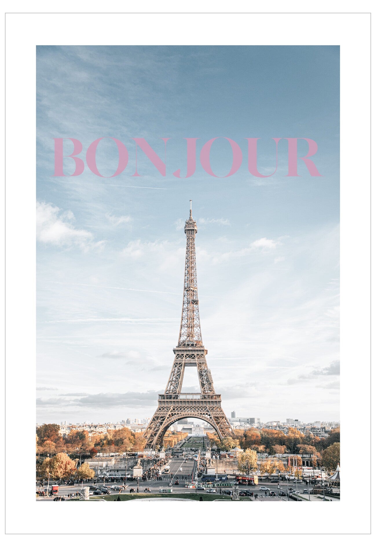 Eiffel Tower with 'Bonjour' text against a blue sky