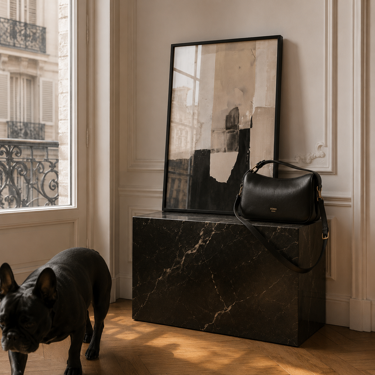 Black marble console table with a black handbag and a dog in a room with large windows.