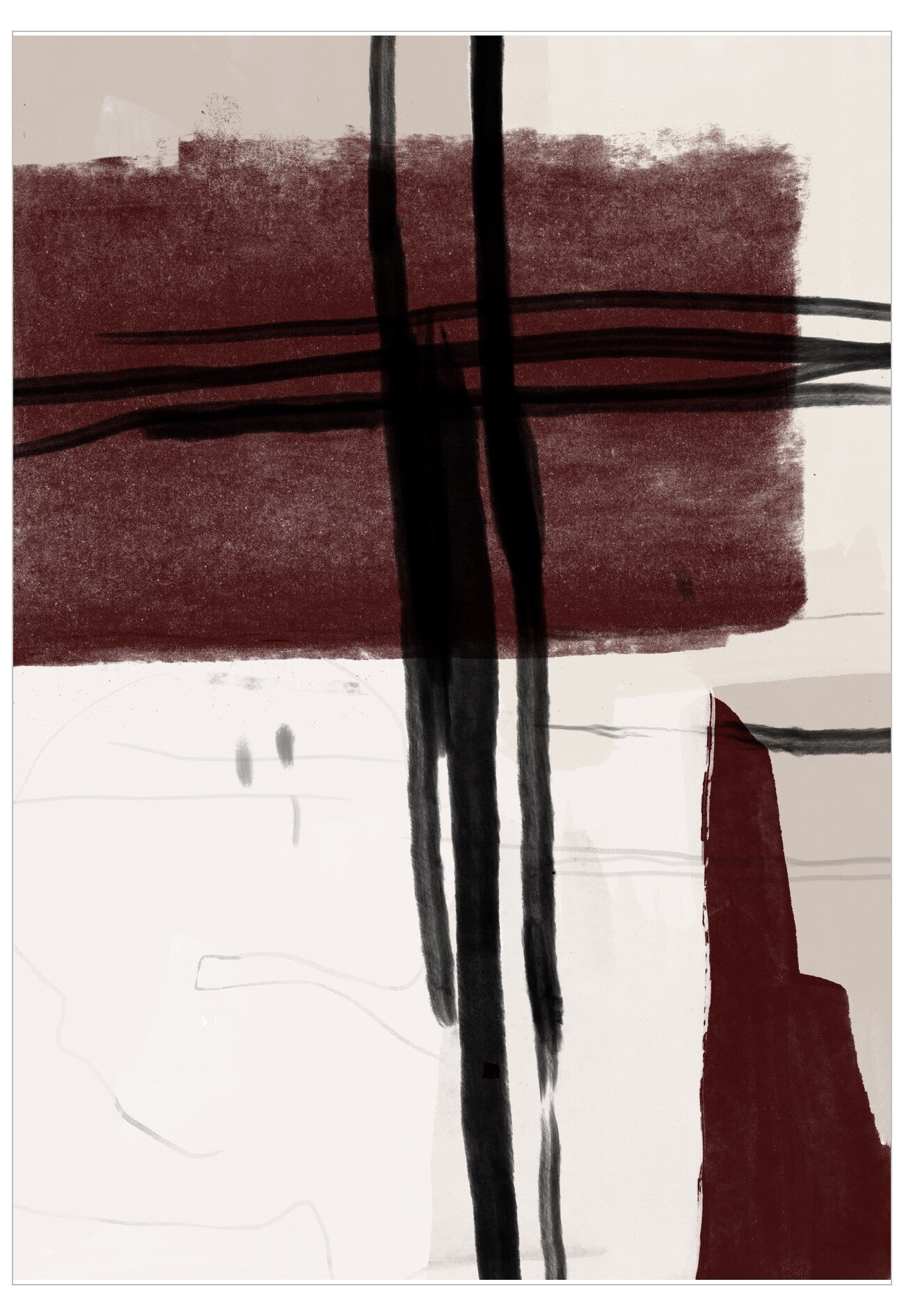 Abstract art with black and brown brush strokes on a white background
