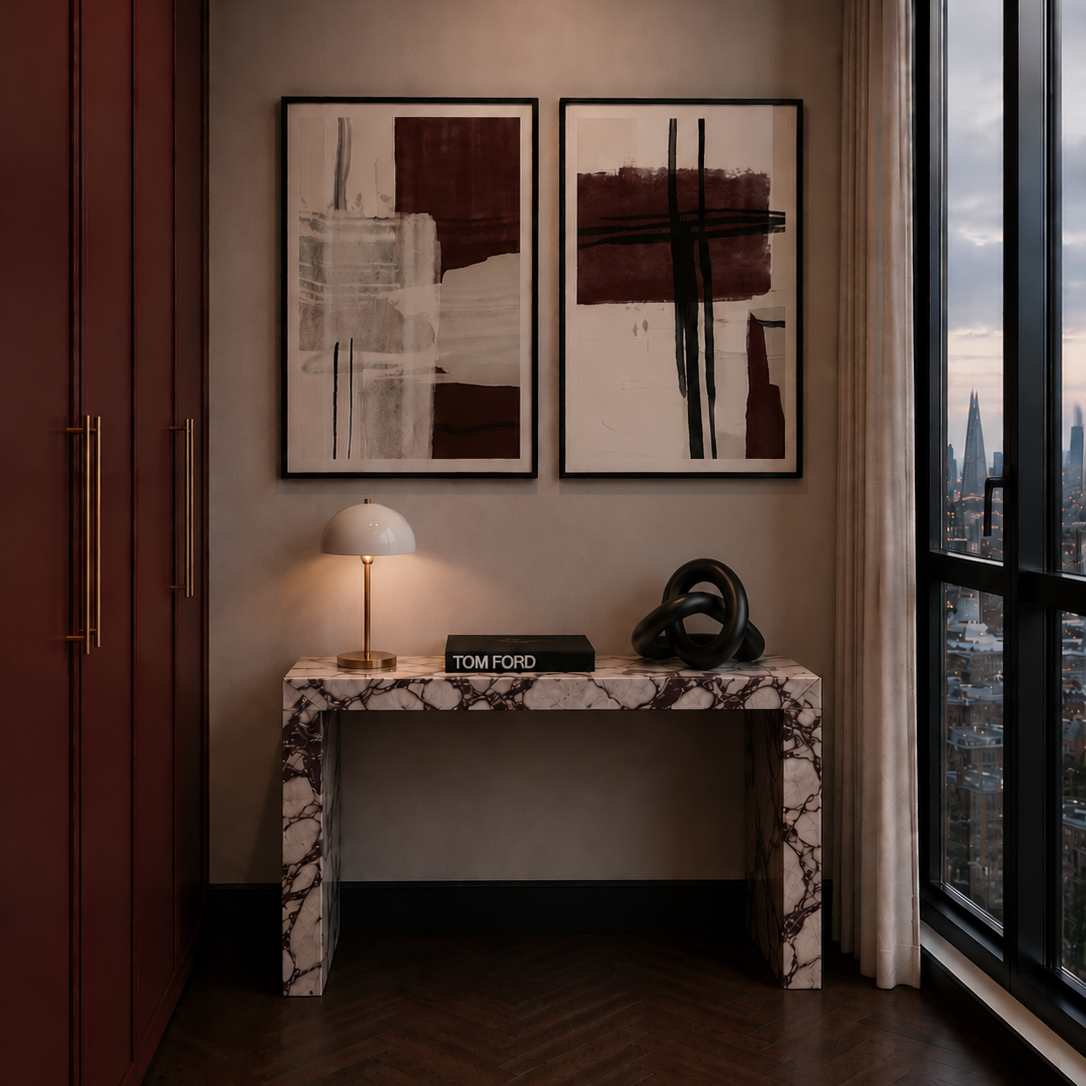 Modern interior with abstract art, marble console table, and city view.