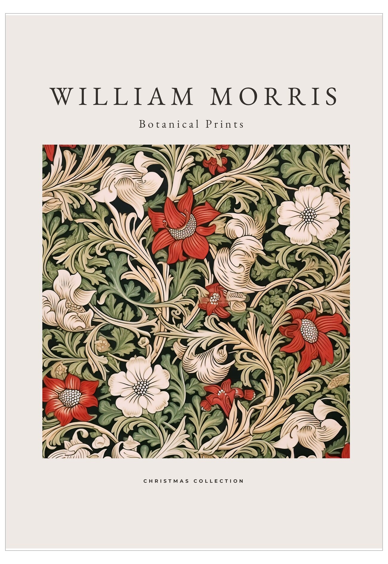 William Morris botanical print design with red and white flowers on a beige background