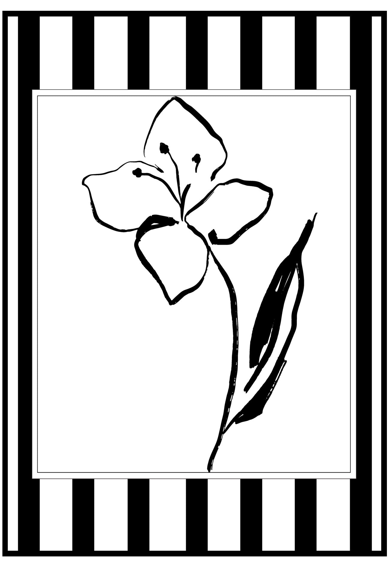 Black and white flower illustration on a black and white striped background