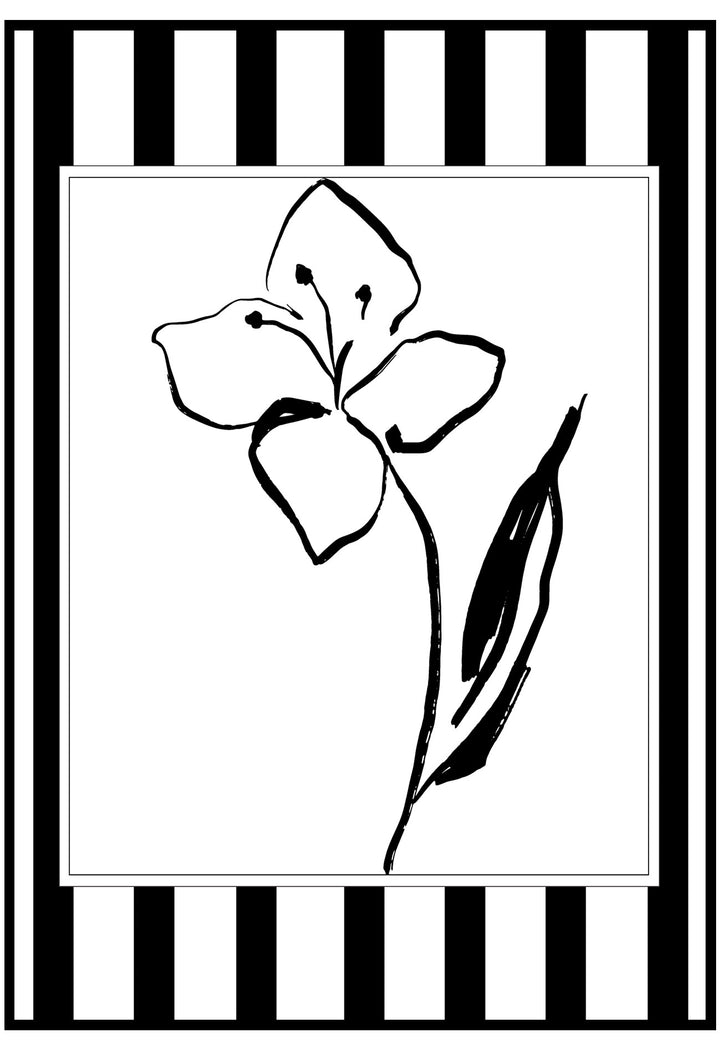 Black and white flower illustration on a black and white striped background