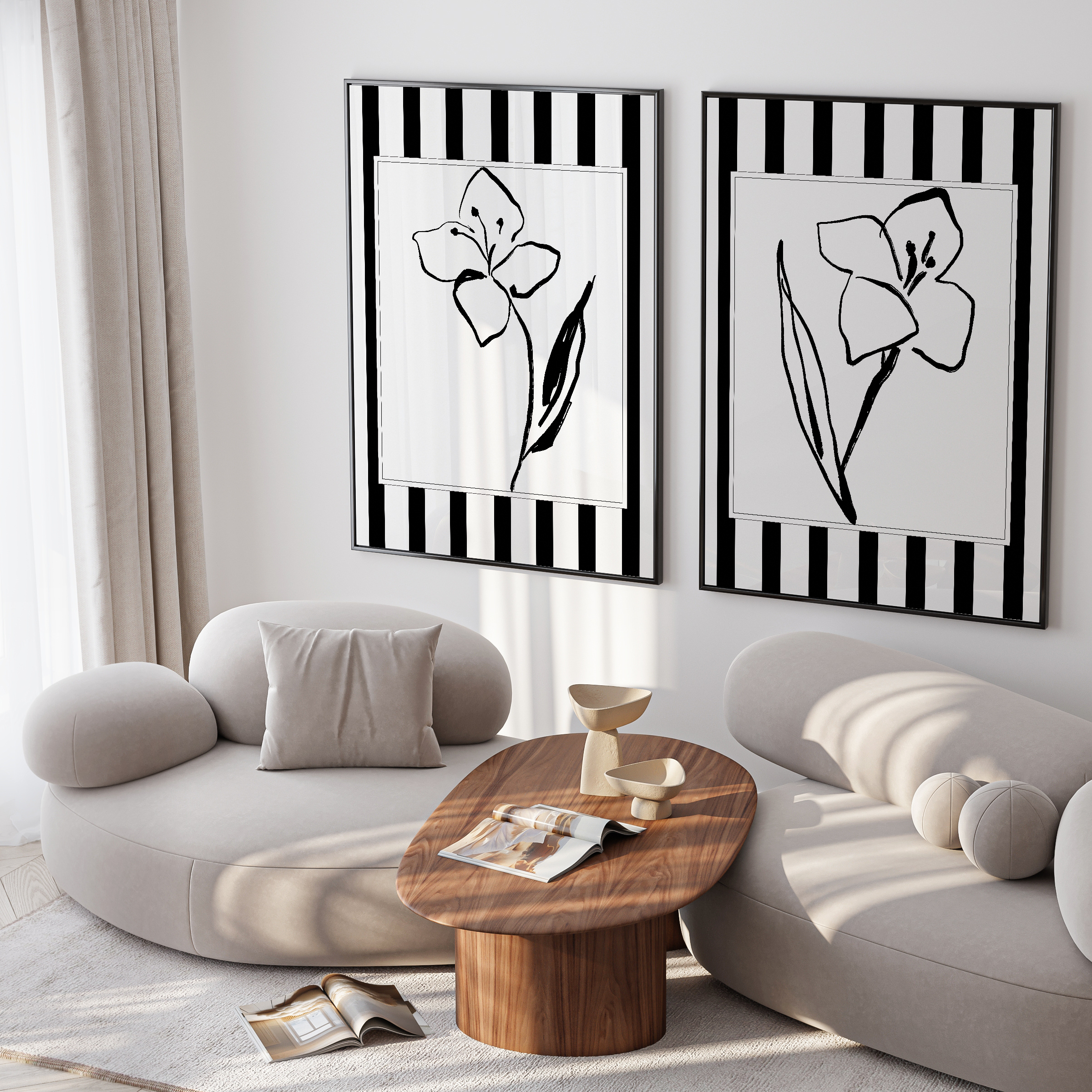 Modern living room with abstract floral artwork on a white wall.