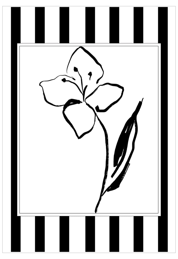 Black and white flower illustration on a black and white striped background
