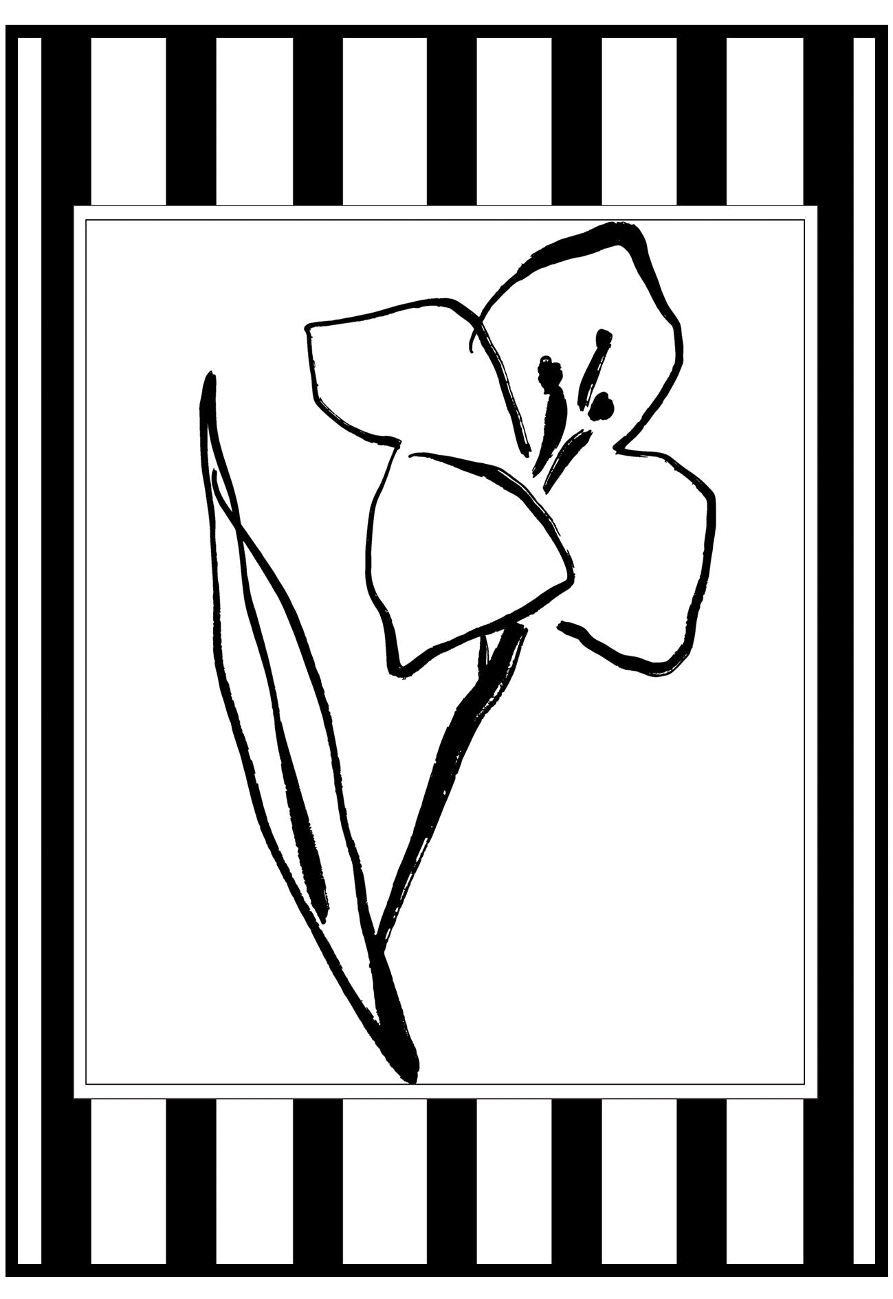 Black and white line drawing of a flower with a black and white striped border
