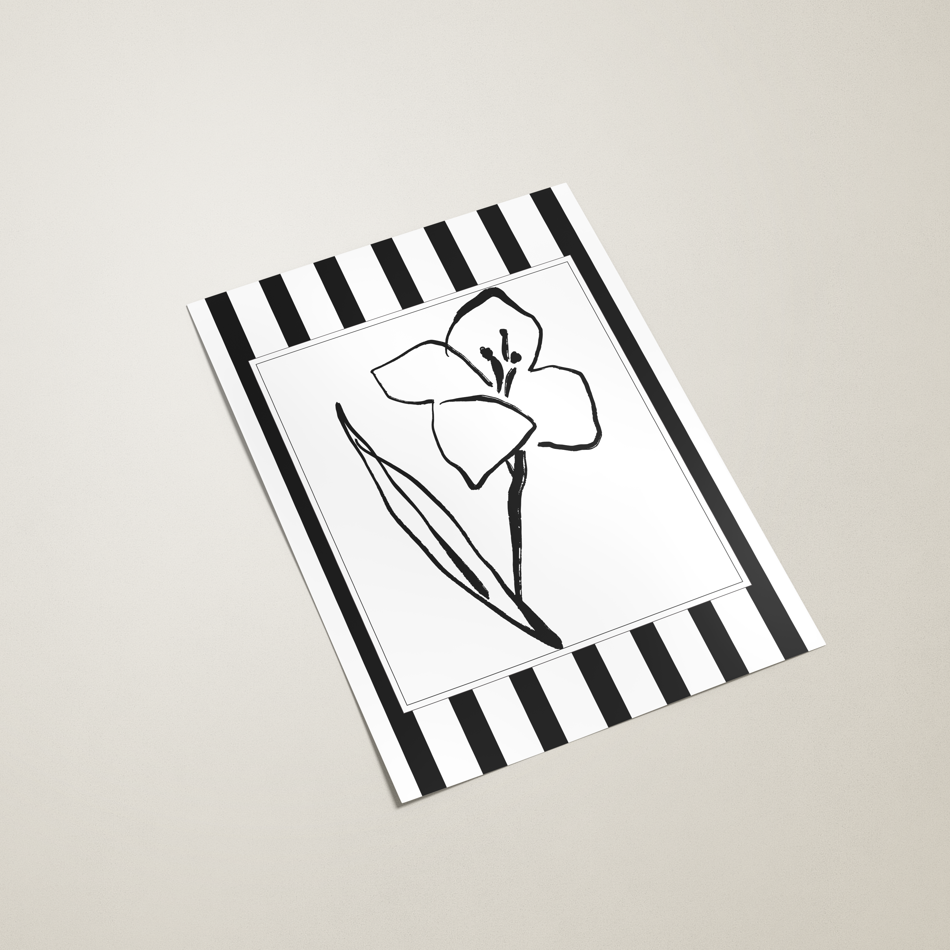 poster with black and white striped design and floral illustration on a beige background